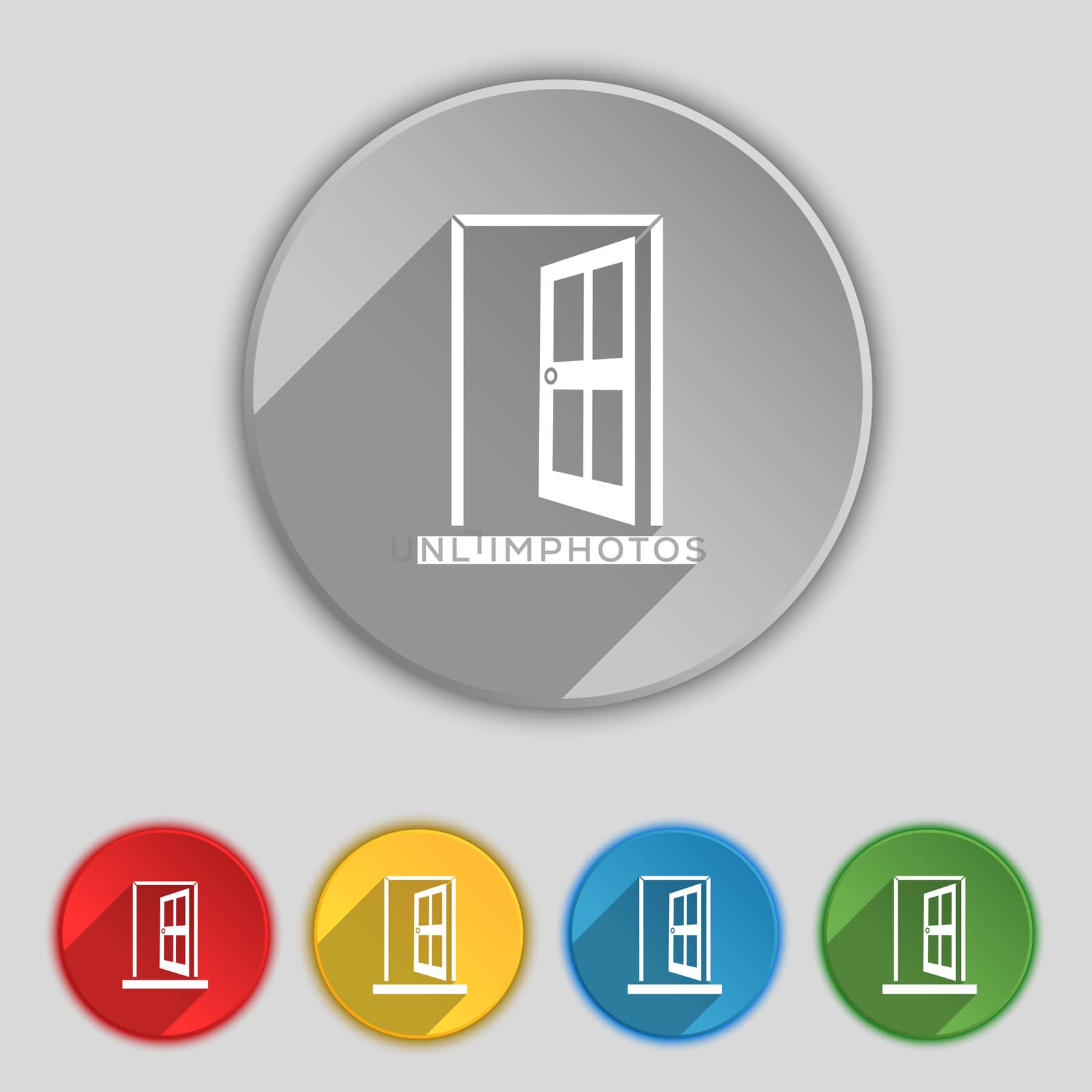 Door, Enter or exit icon sign. Symbol on five flat buttons.  by serhii_lohvyniuk