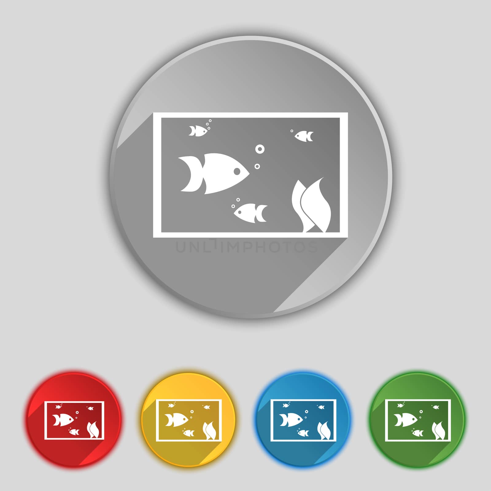 Aquarium, Fish in water icon sign. Symbol on five flat buttons.  by serhii_lohvyniuk