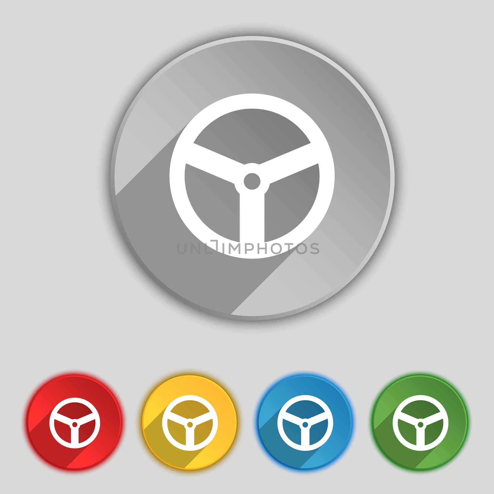 Steering wheel icon sign. Symbol on five flat buttons.  by serhii_lohvyniuk