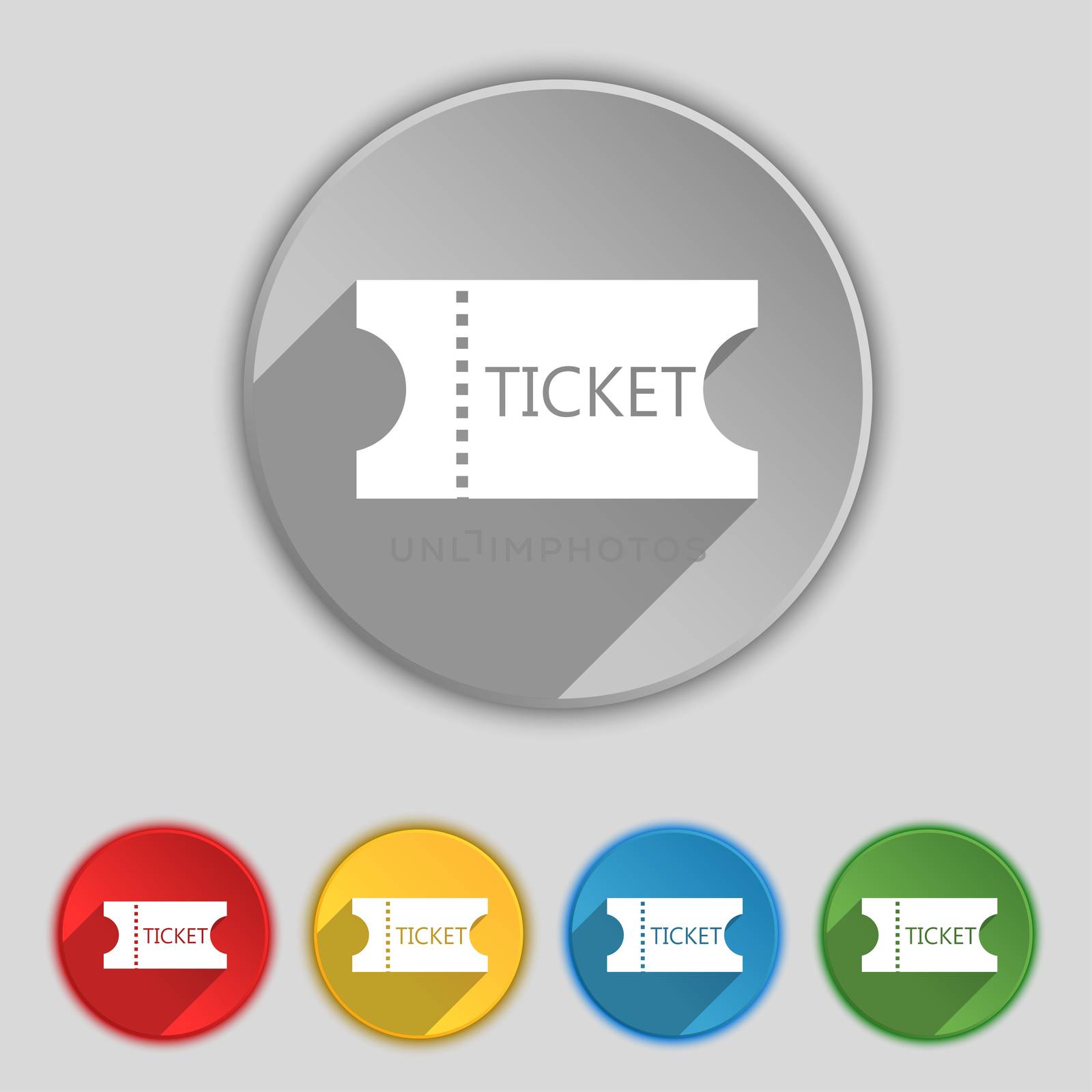 ticket icon sign. Symbol on five flat buttons.  by serhii_lohvyniuk