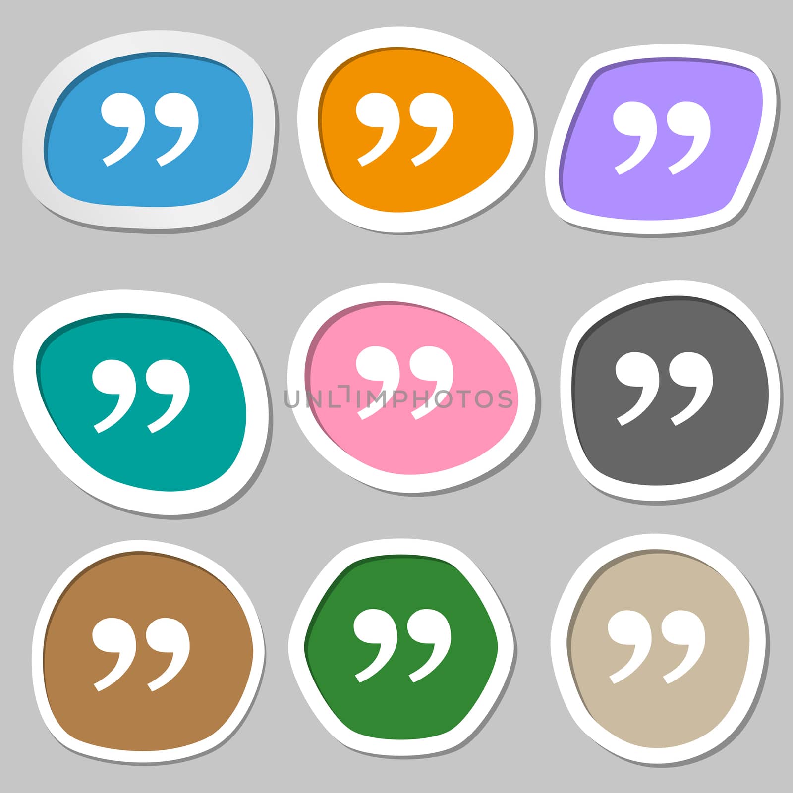 Double quotes at the end of words icon symbols. Multicolored paper stickers.  by serhii_lohvyniuk