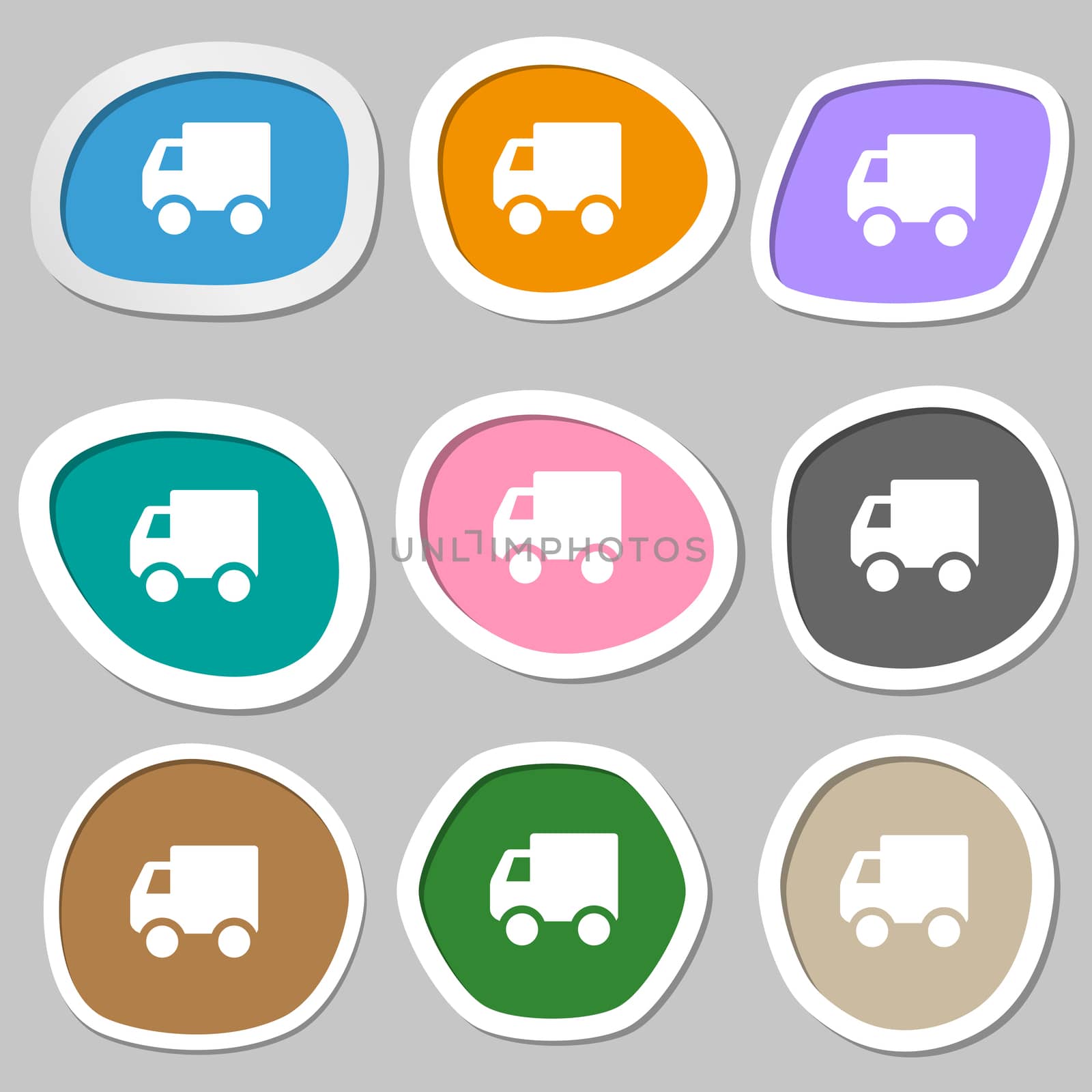 Delivery truck icon symbols. Multicolored paper stickers. illustration