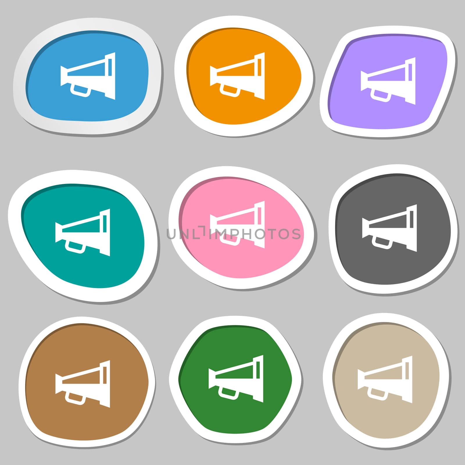 Megaphone soon, Loudspeaker icon symbols. Multicolored paper stickers. illustration