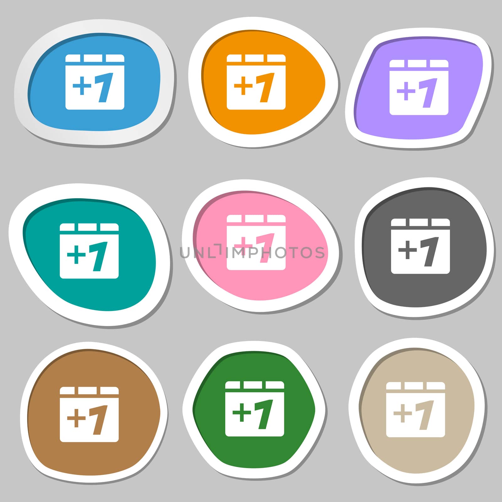 Plus one, Add one icon symbols. Multicolored paper stickers. illustration