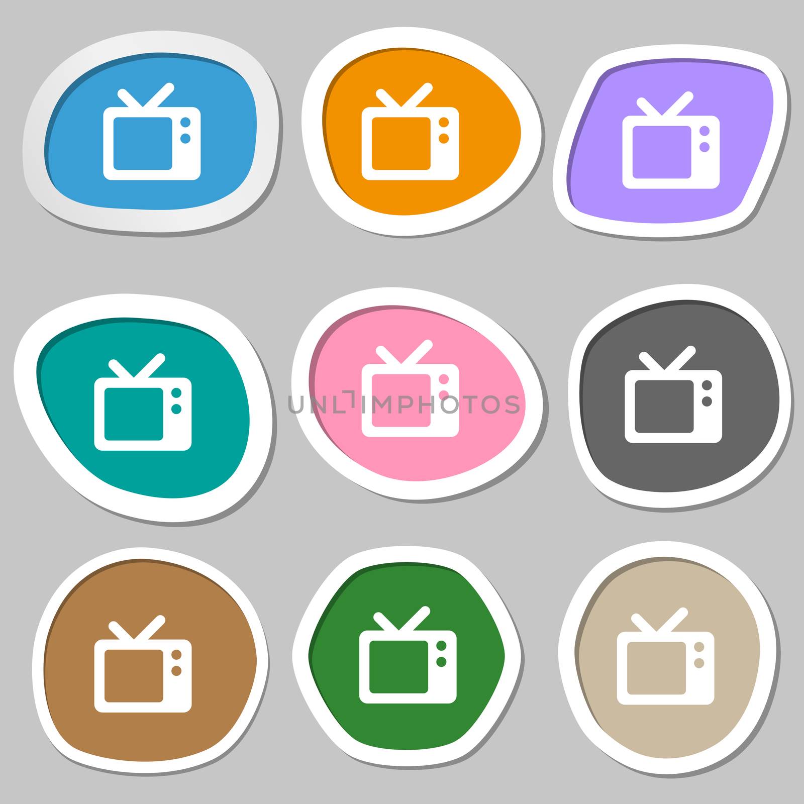 Retro TV icon symbols. Multicolored paper stickers.  by serhii_lohvyniuk