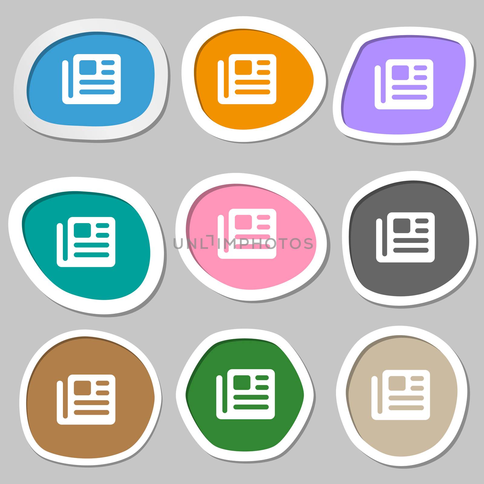 book, newspaper icon symbols. Multicolored paper stickers.  by serhii_lohvyniuk