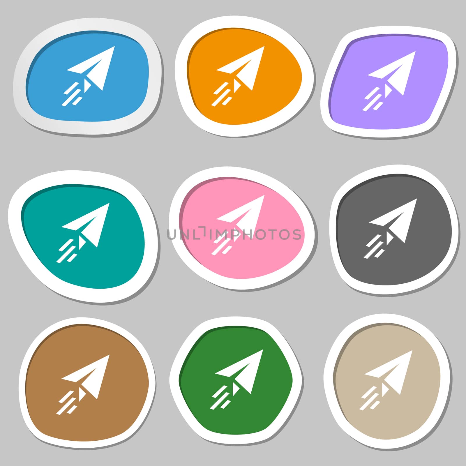 Paper airplane icon symbols. Multicolored paper stickers. illustration