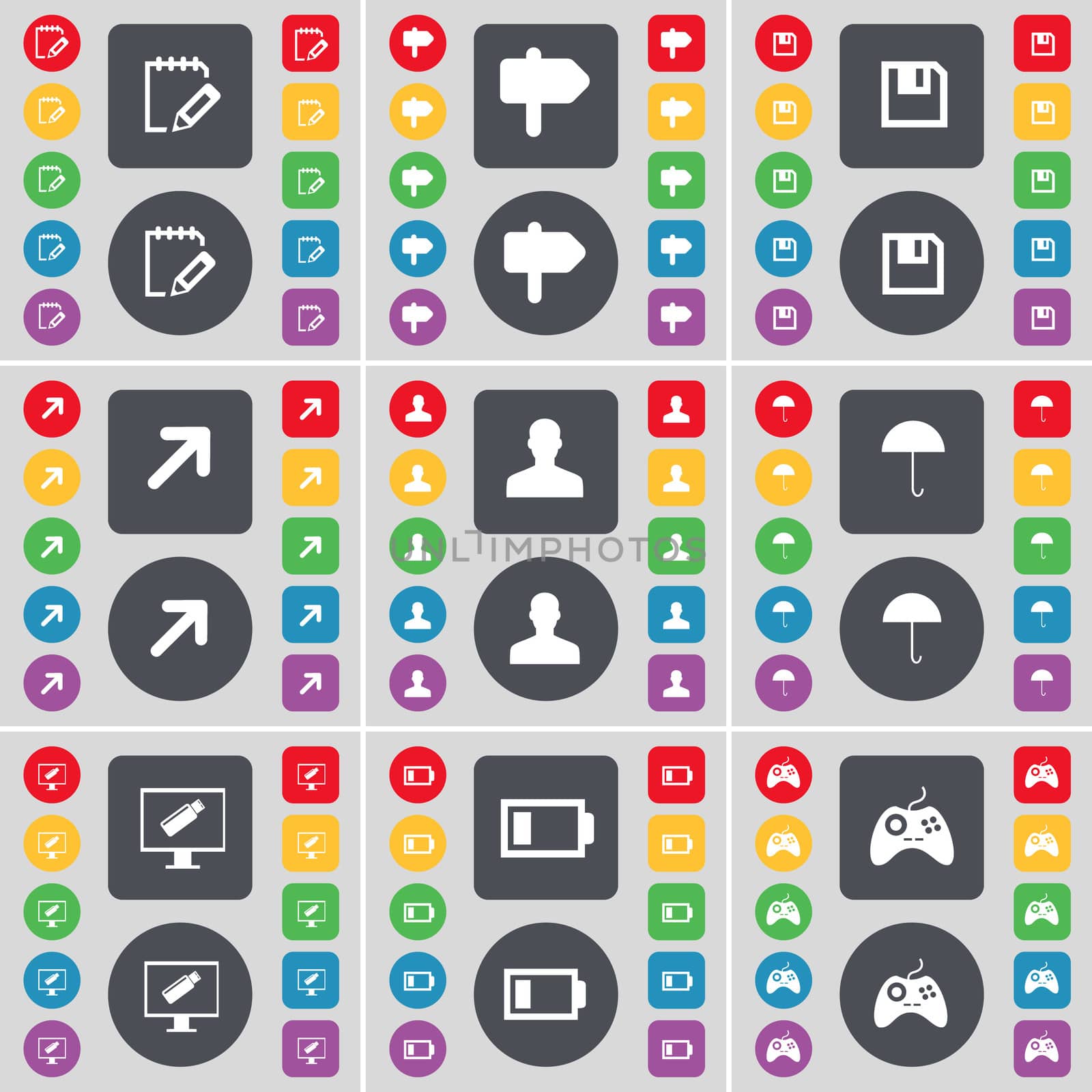 Notebook, Signpost, Floppy, Full screen, Silhouette, Umbrella, Monitor, Battery Low, Gamepad icon symbol. A large set of flat, colored buttons for your design. illustration