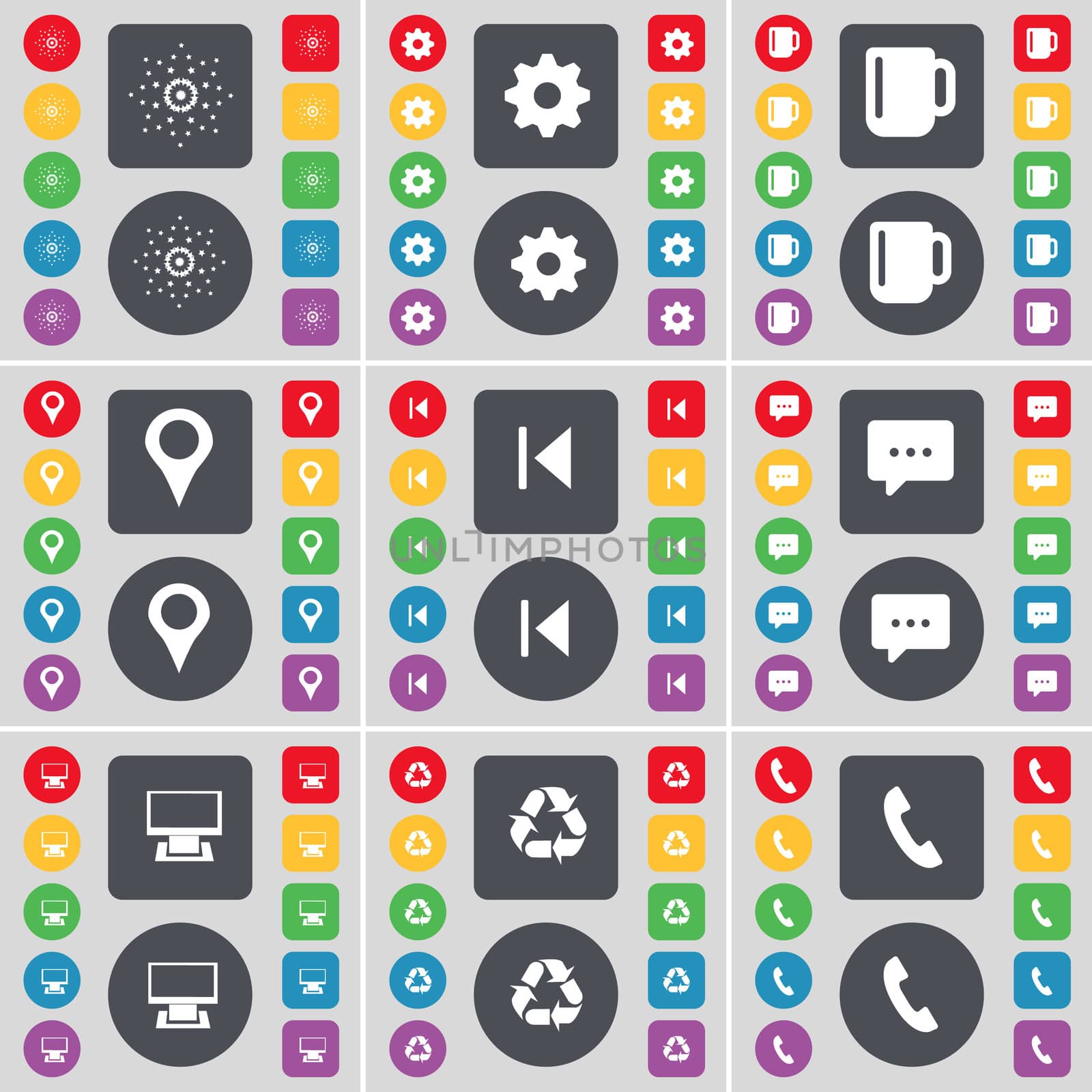 Star, Gear, Cup, Checkpoint, Media skip, Chat bubble, Monitor, Recycling, Receiver icon symbol. A large set of flat, colored buttons for your design. illustration