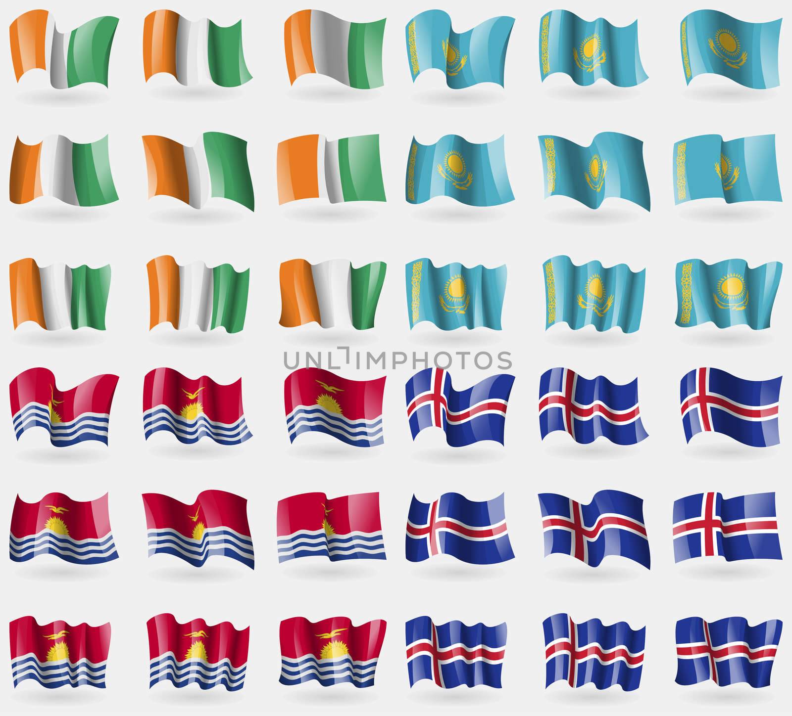 Cote Divoire, Kazakhstan, Kiribati, Iceland. Set of 36 flags of the countries of the world. illustration