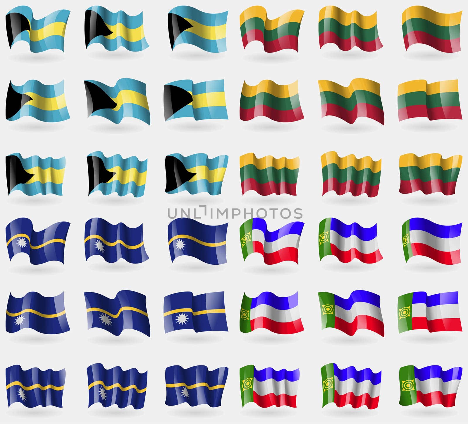 Bahamas, Lithuania, Nauru, Khakassia. Set of 36 flags of the countries of the world.  by serhii_lohvyniuk