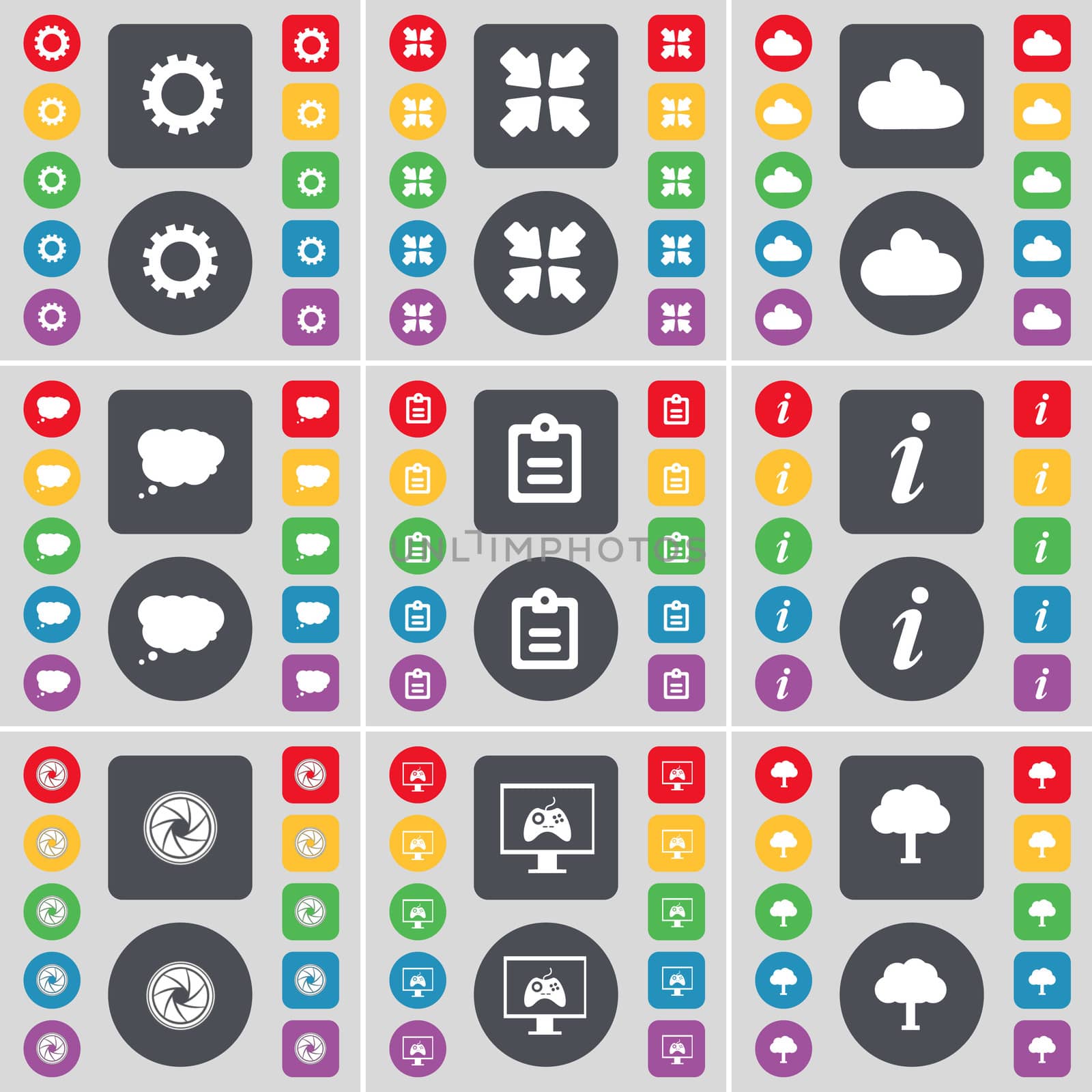 Gear, Deploying screen, Cloud, Chat cloud, Survey, Information, Lens, Game console, Tree icon symbol. A large set of flat, colored buttons for your design. illustration