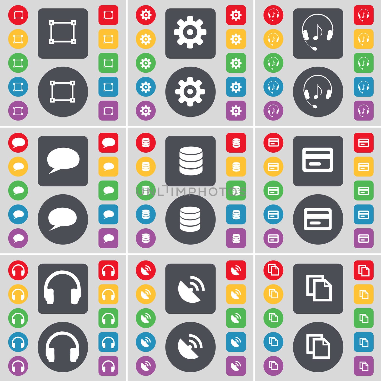 Framing, Gear, Headphones, Chat bubble, Database, Credit card, Sattelite dish, Copy icon symbol. A large set of flat, colored buttons for your design.  by serhii_lohvyniuk