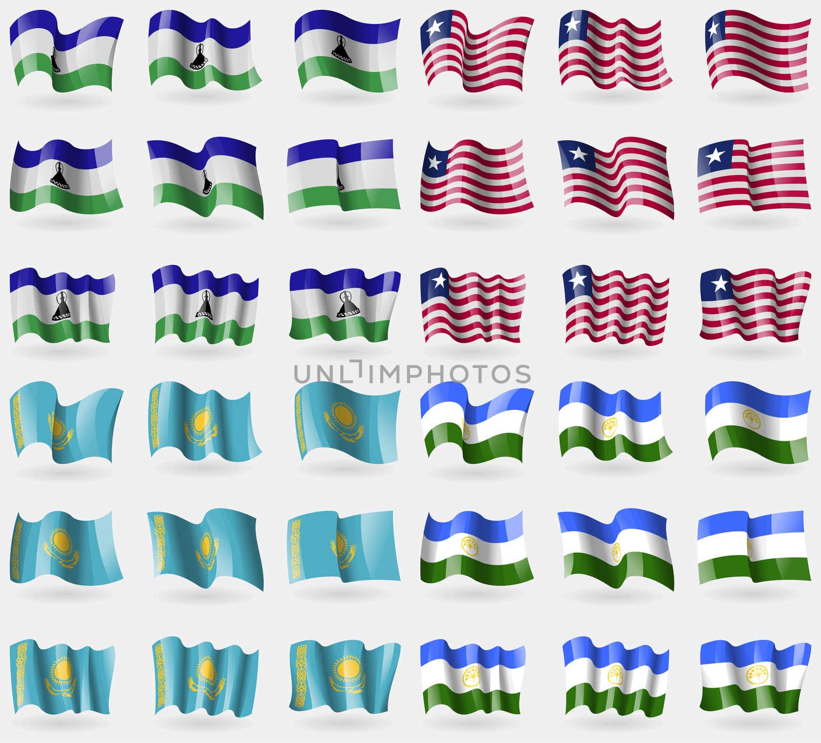 Lesothe, Liberia, Kazakhstan, Bashkortostan. Set of 36 flags of the countries of the world. illustration