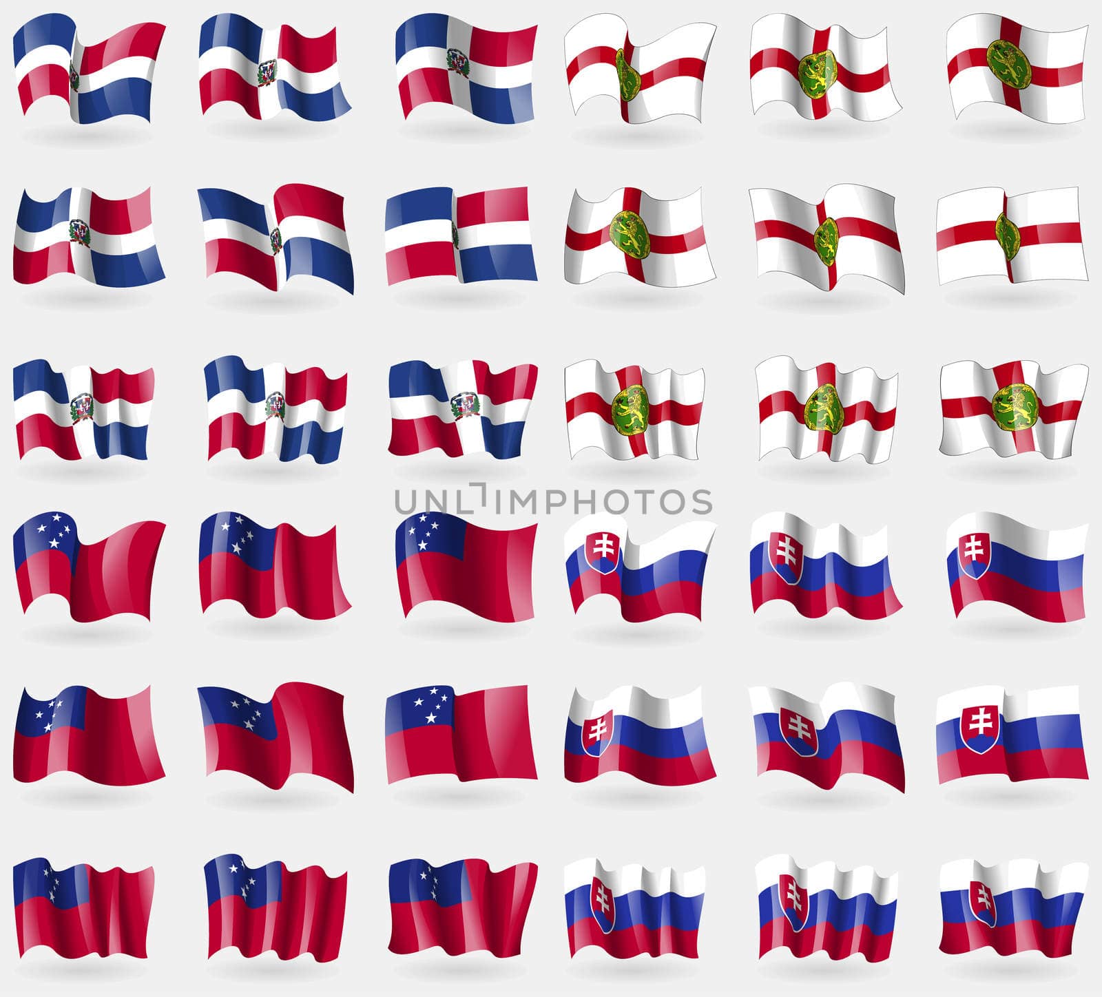 Dominican Republic, Alderney, Samoa, Slovakia. Set of 36 flags of the countries of the world. illustration