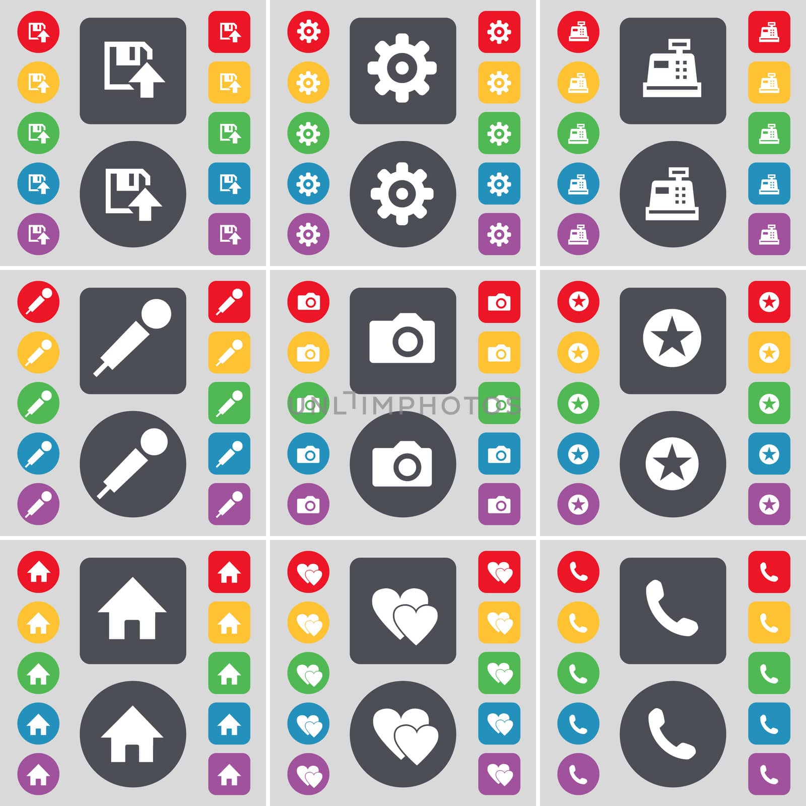 Floppy, Gear, Cash register, Microphone, Camera, Star, House, Hearts, Receiver icon symbol. A large set of flat, colored buttons for your design. illustration