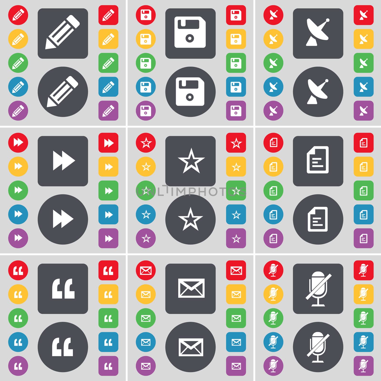 Pencil, Floppy, Satellite dish, Rewind, Star, File, Quotation, Message, Microphone icon symbol. A large set of flat, colored buttons for your design. illustration