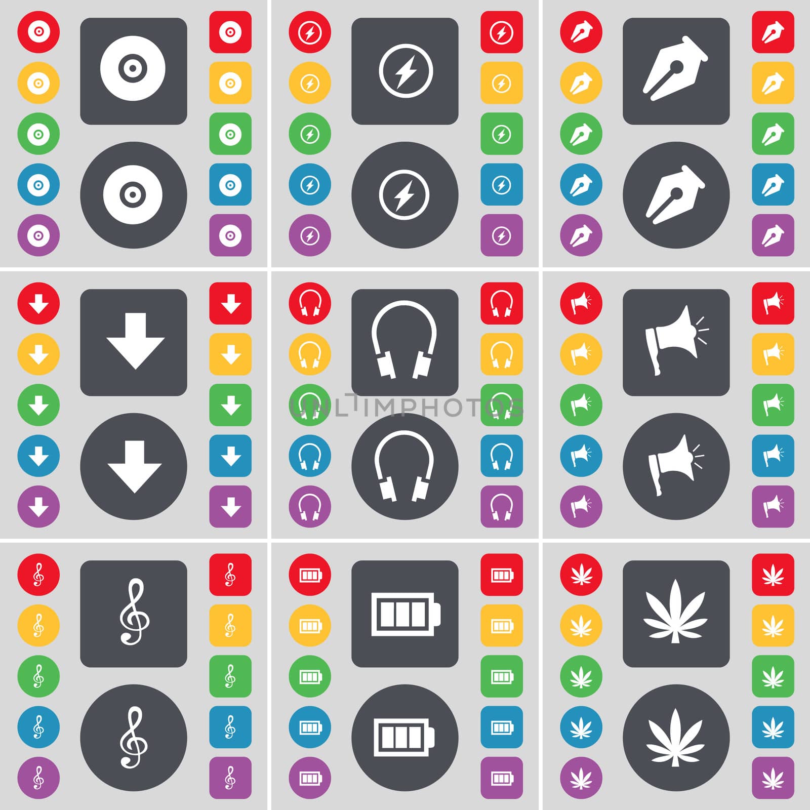 Disk, Flash, Ink pen, Arrow, Headphones, Megaphone, Clef, Battery, Marijuana icon symbol. A large set of flat, colored buttons for your design.  by serhii_lohvyniuk