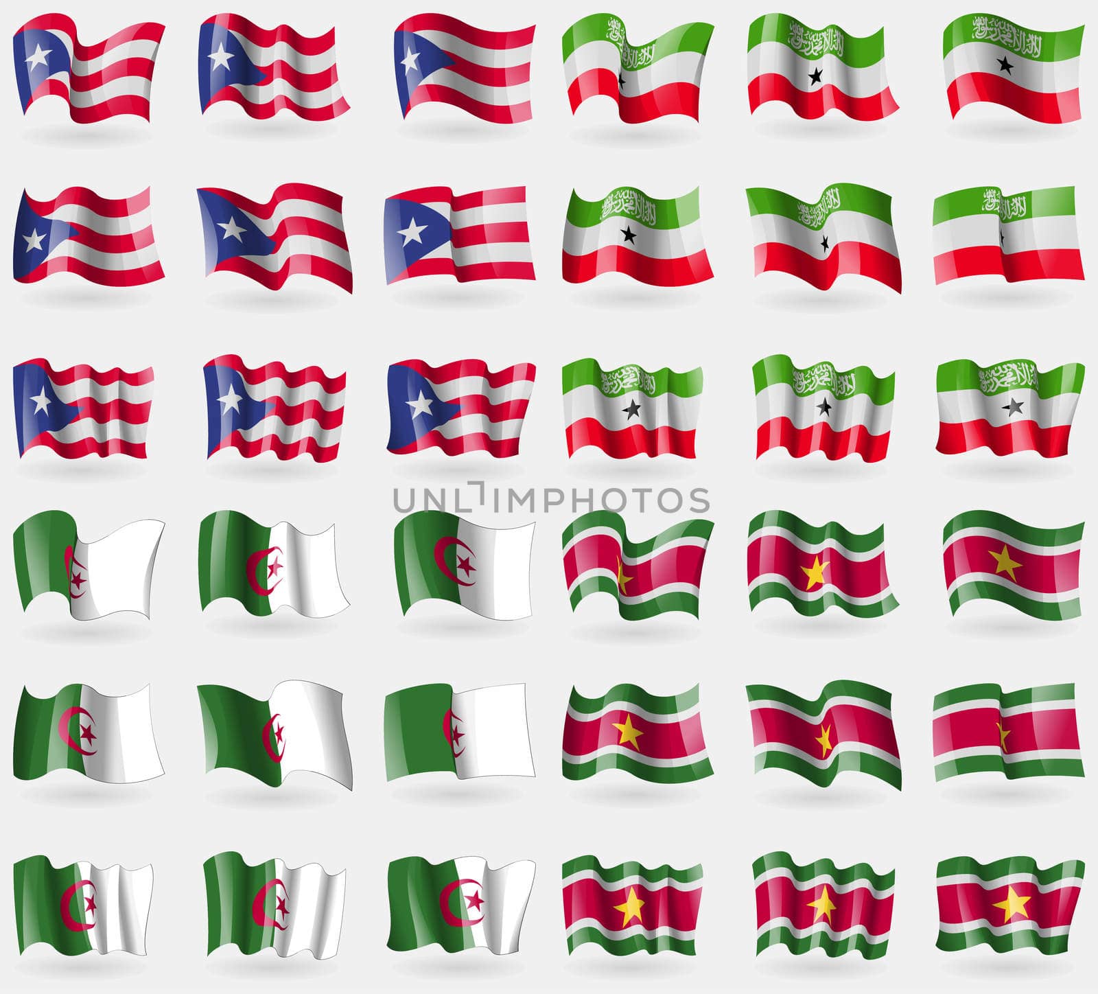 Puerto Rico, Somaliland, Algeria, Suridame. Set of 36 flags of the countries of the world. illustration