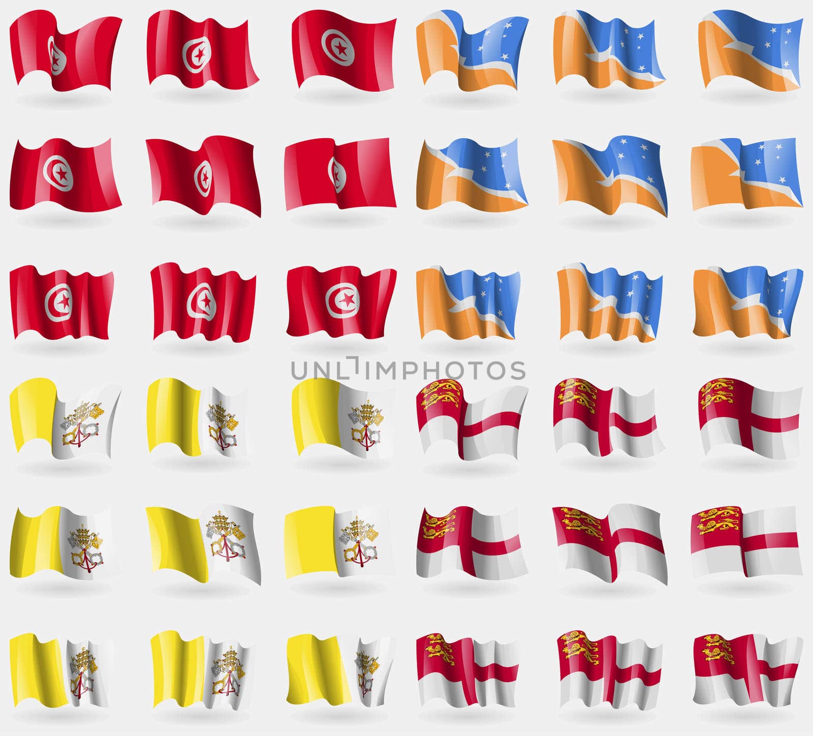 Tunisia, Tierra del Fuego Province, Vatican CityHoly See, Sark. Set of 36 flags of the countries of the world. illustration