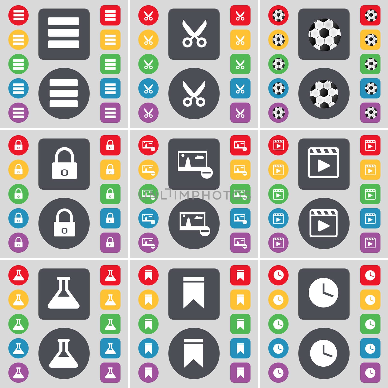 Apps, Scissors, Ball, Lock, Picture, Media Player, Flask, Marker, Clock icon symbol. A large set of flat, colored buttons for your design. illustration