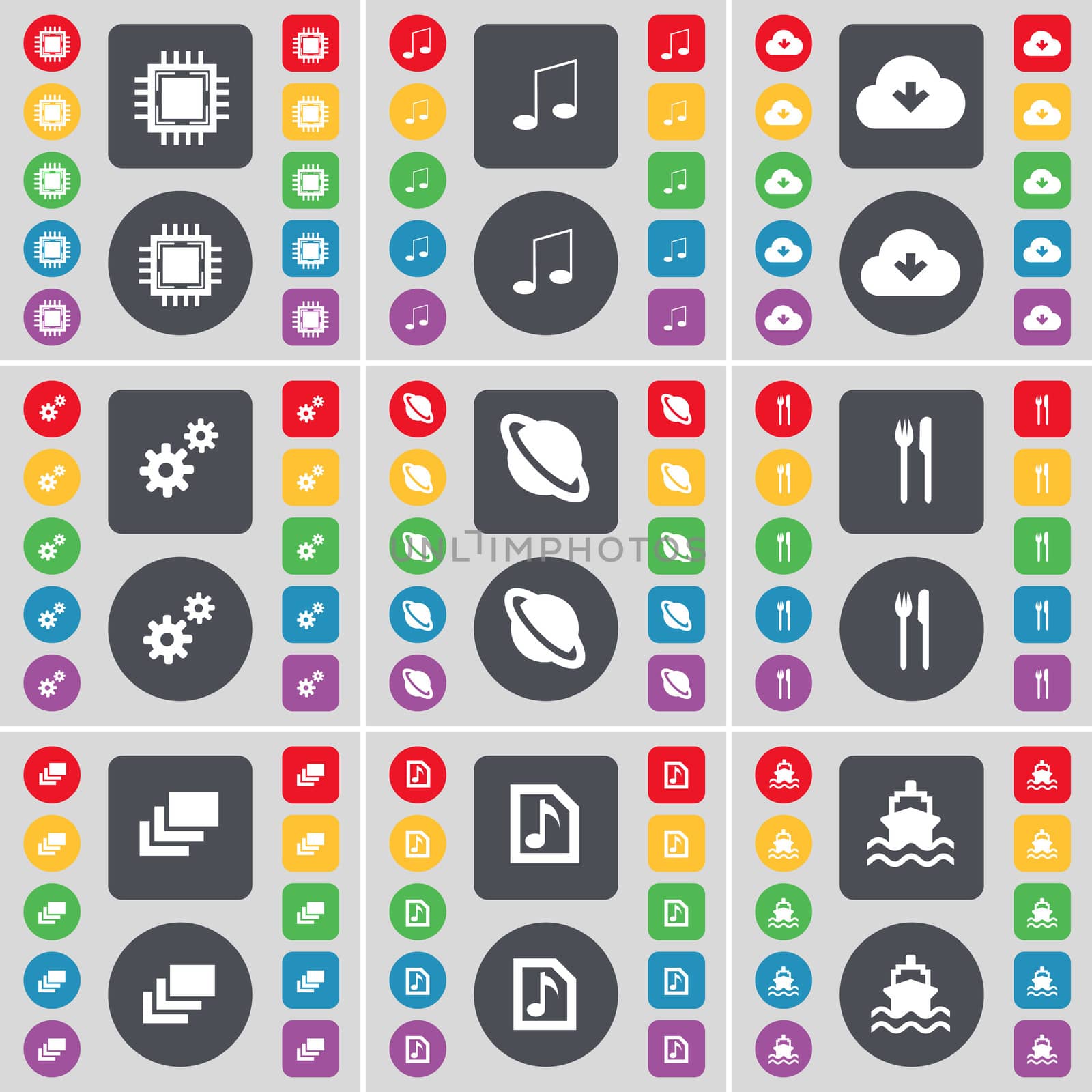 Processor, Note, Cloud, Gears, Planet, Fork and knife, Gallery, Music file, Ship icon symbol. A large set of flat, colored buttons for your design. illustration