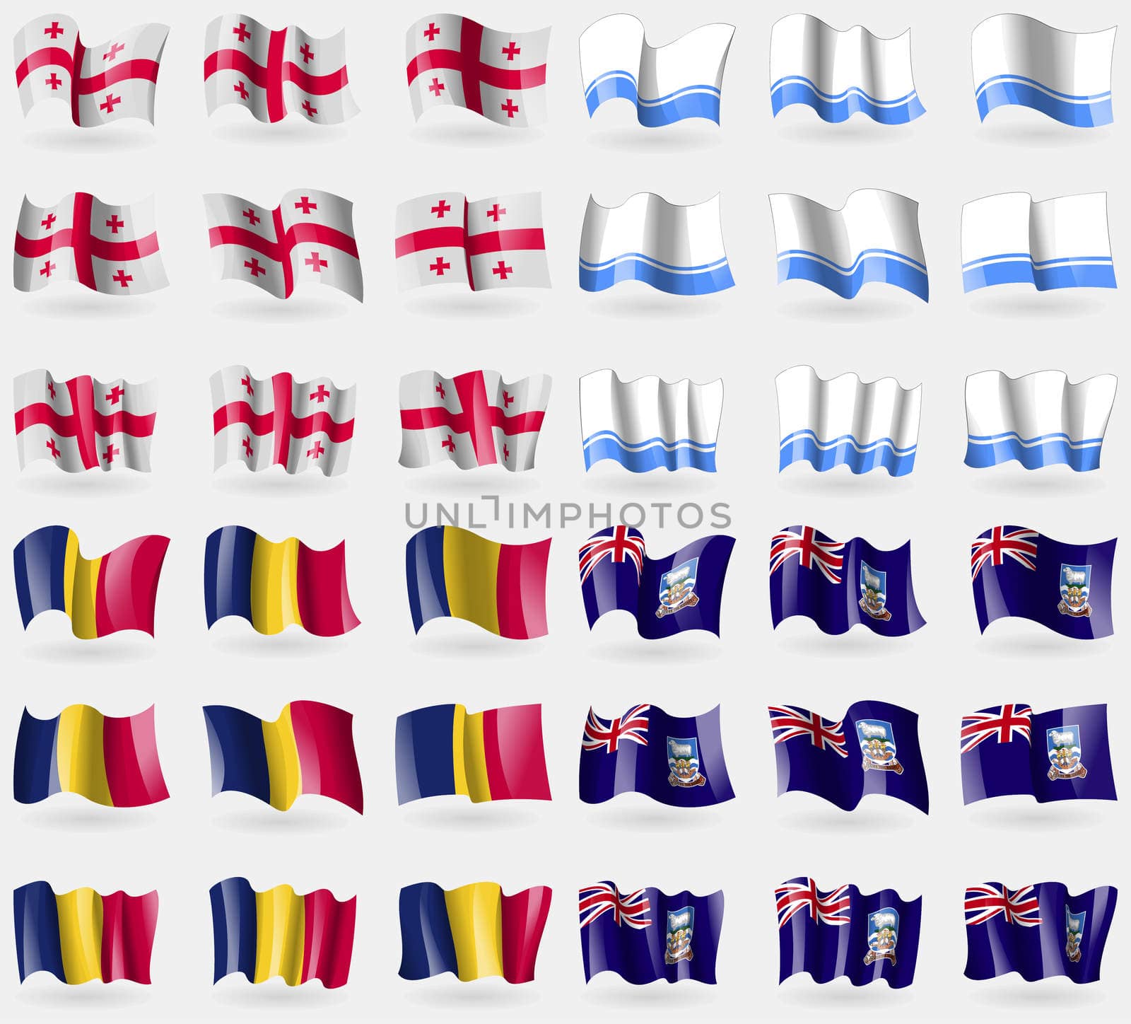 Georgia, Altai Republic, Chad, Falkland Islands. Set of 36 flags of the countries of the world. illustration