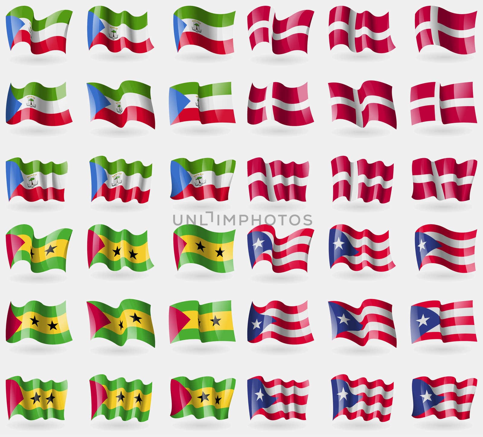 Equatorial Guinea, Denmark, Sao Tome and Principe, Puerto Rico. Set of 36 flags of the countries of the world. illustration