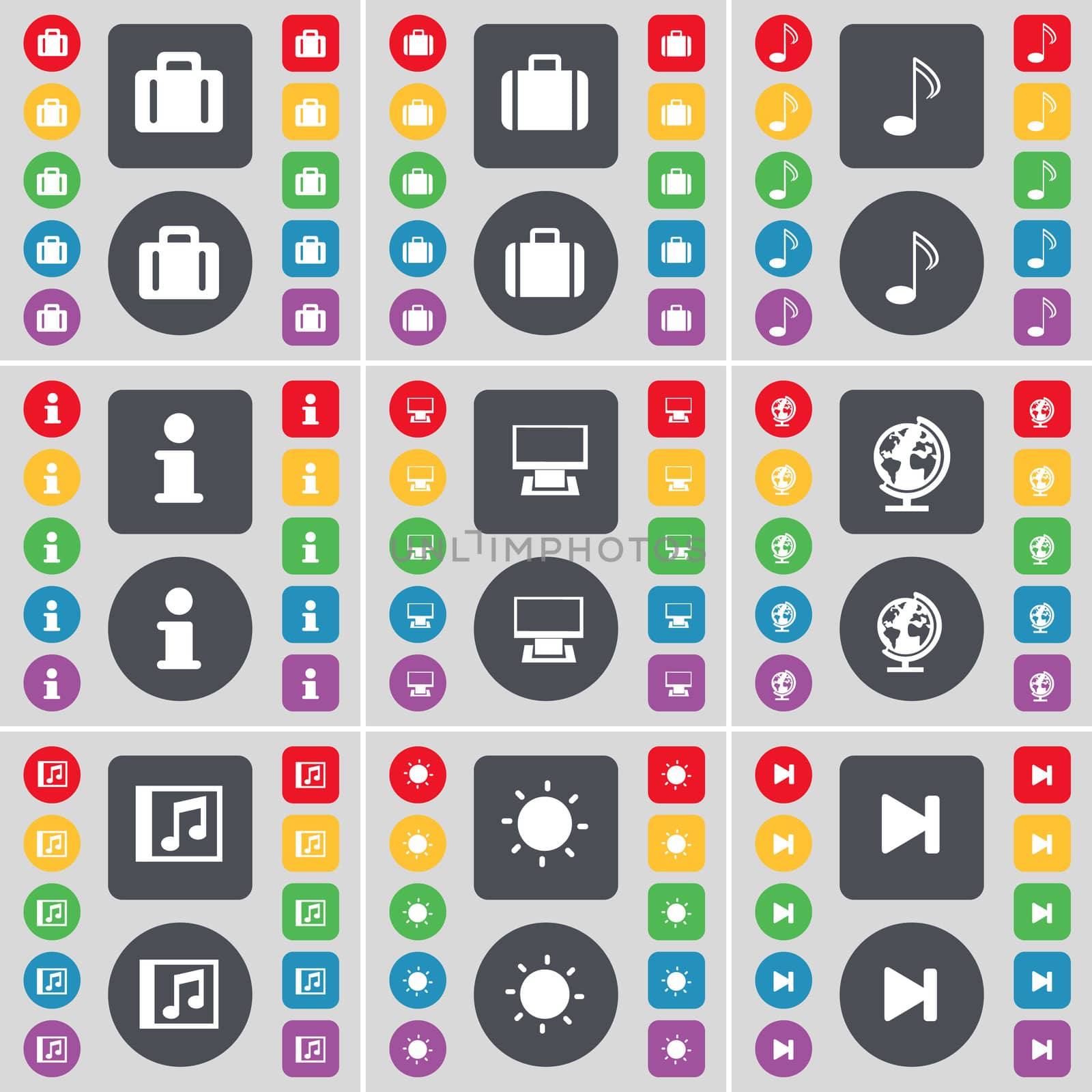 Suitcase, Note, Information, Monitor, Globe, Media window, Light, Media skip icon symbol. A large set of flat, colored buttons for your design. illustration