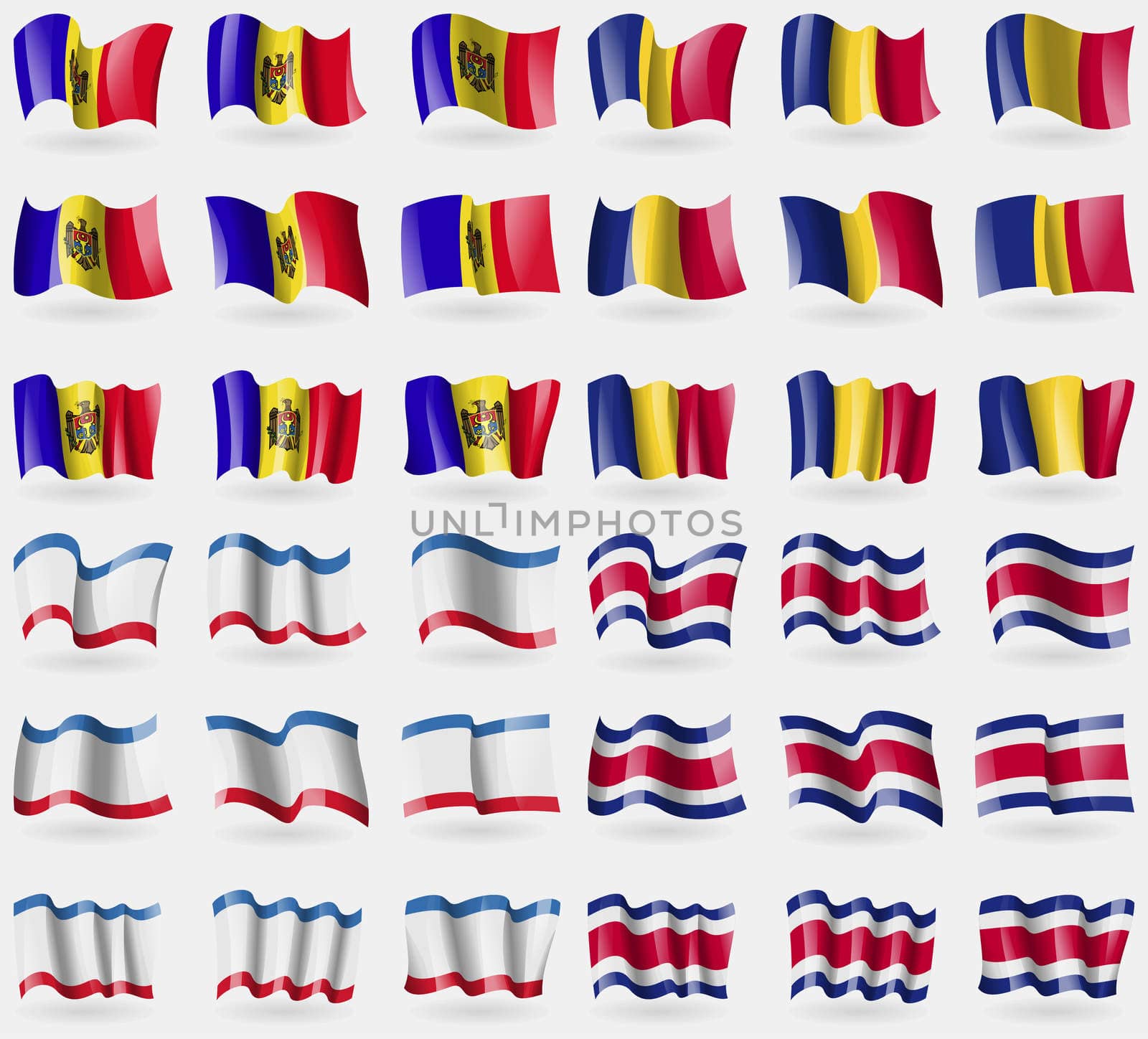 Moldova, Romania, Crimea, Costa Rica. Set of 36 flags of the countries of the world.  by serhii_lohvyniuk