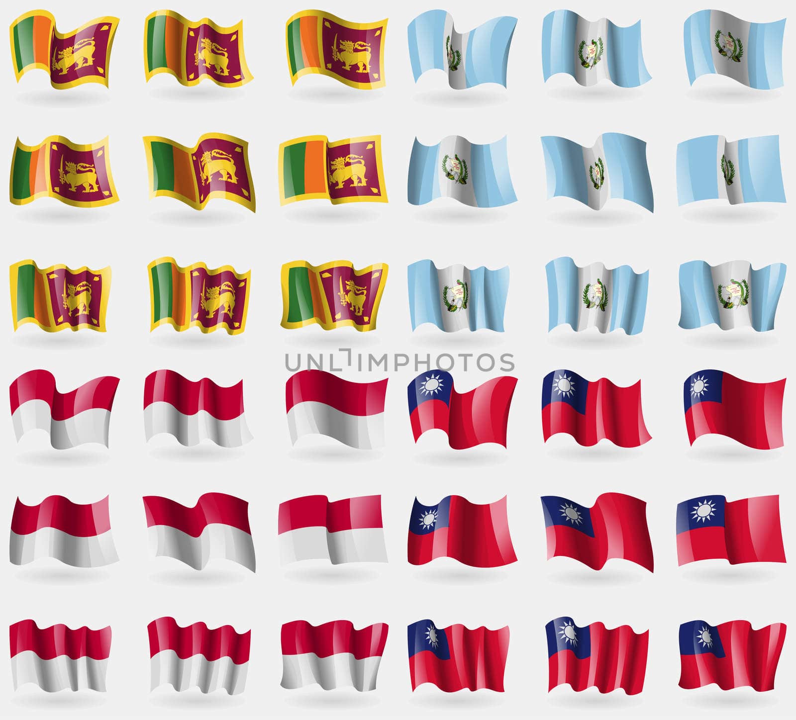 Sri Lanka, Guatemala, Indonesia, Taiwan. Set of 36 flags of the countries of the world. illustration