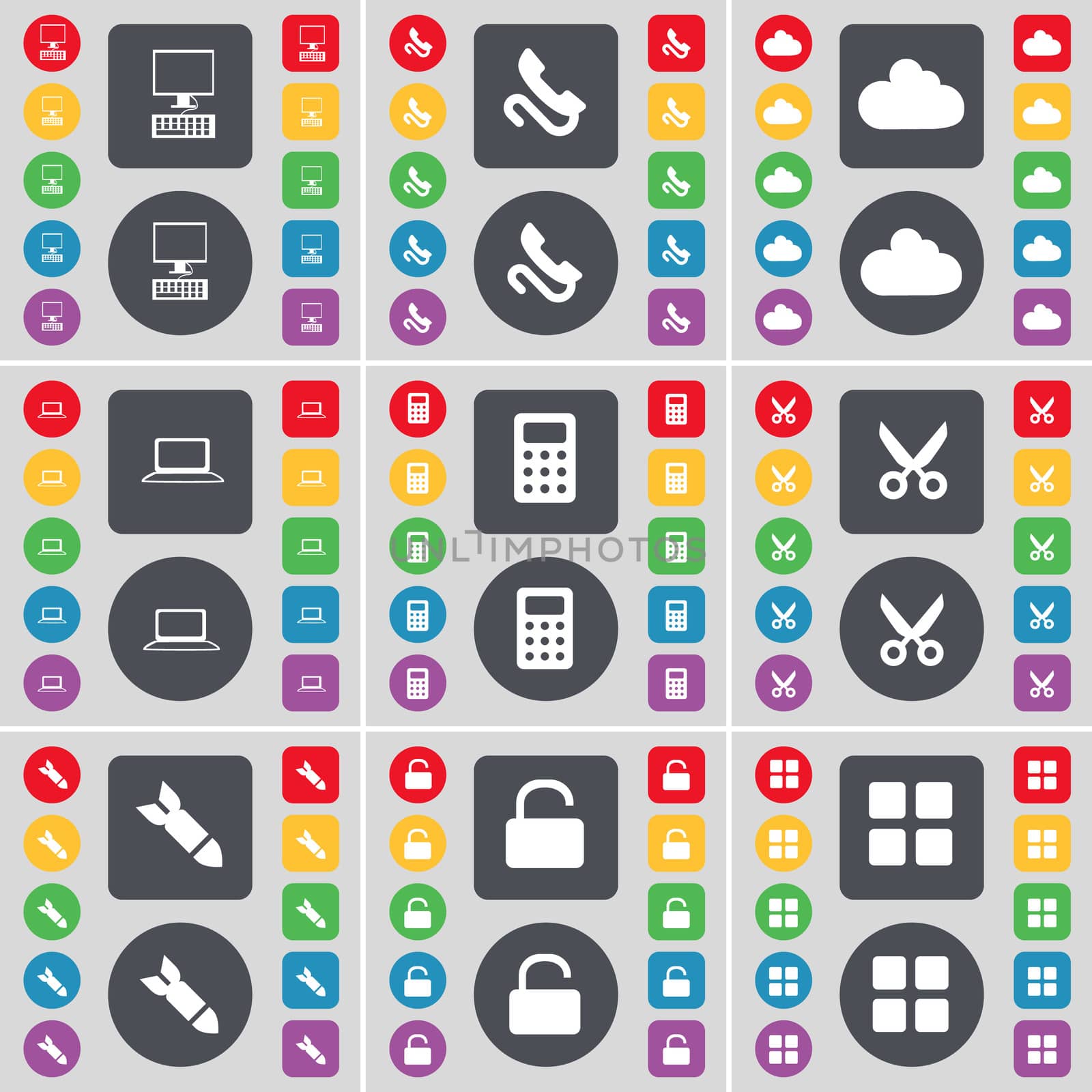 PC, Receiver, Cloud, Laptop, Calculator, Scissors, Rocket, Lock, Apps icon symbol. A large set of flat, colored buttons for your design.  by serhii_lohvyniuk