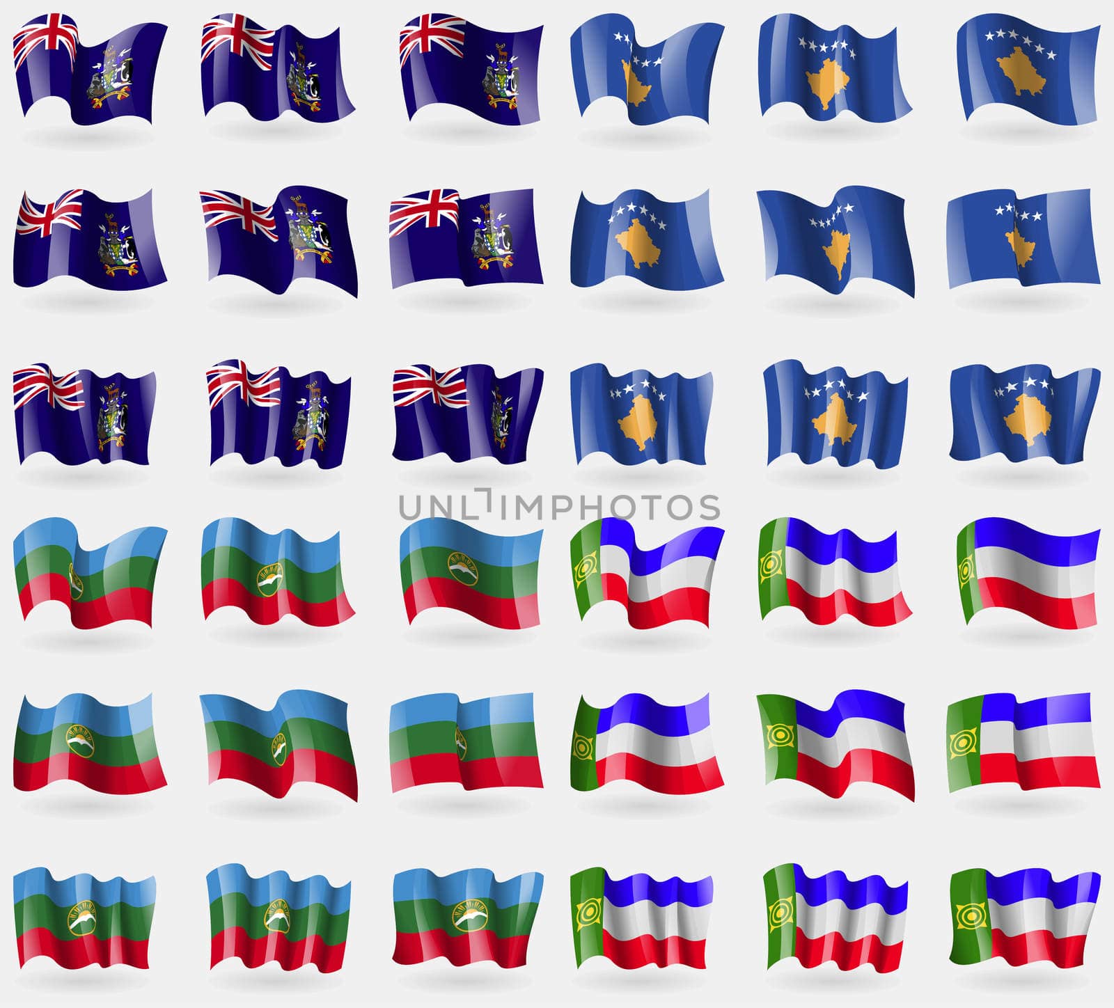 Georgia and Sandwich, Kosovo, KarachayCherkessia, Khakassia. Set of 36 flags of the countries of the world.  by serhii_lohvyniuk