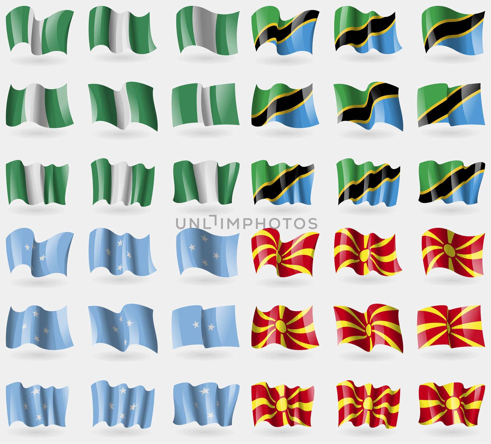 Nigeria, Tanzania, Micronesia, Macedonia. Set of 36 flags of the countries of the world. illustration