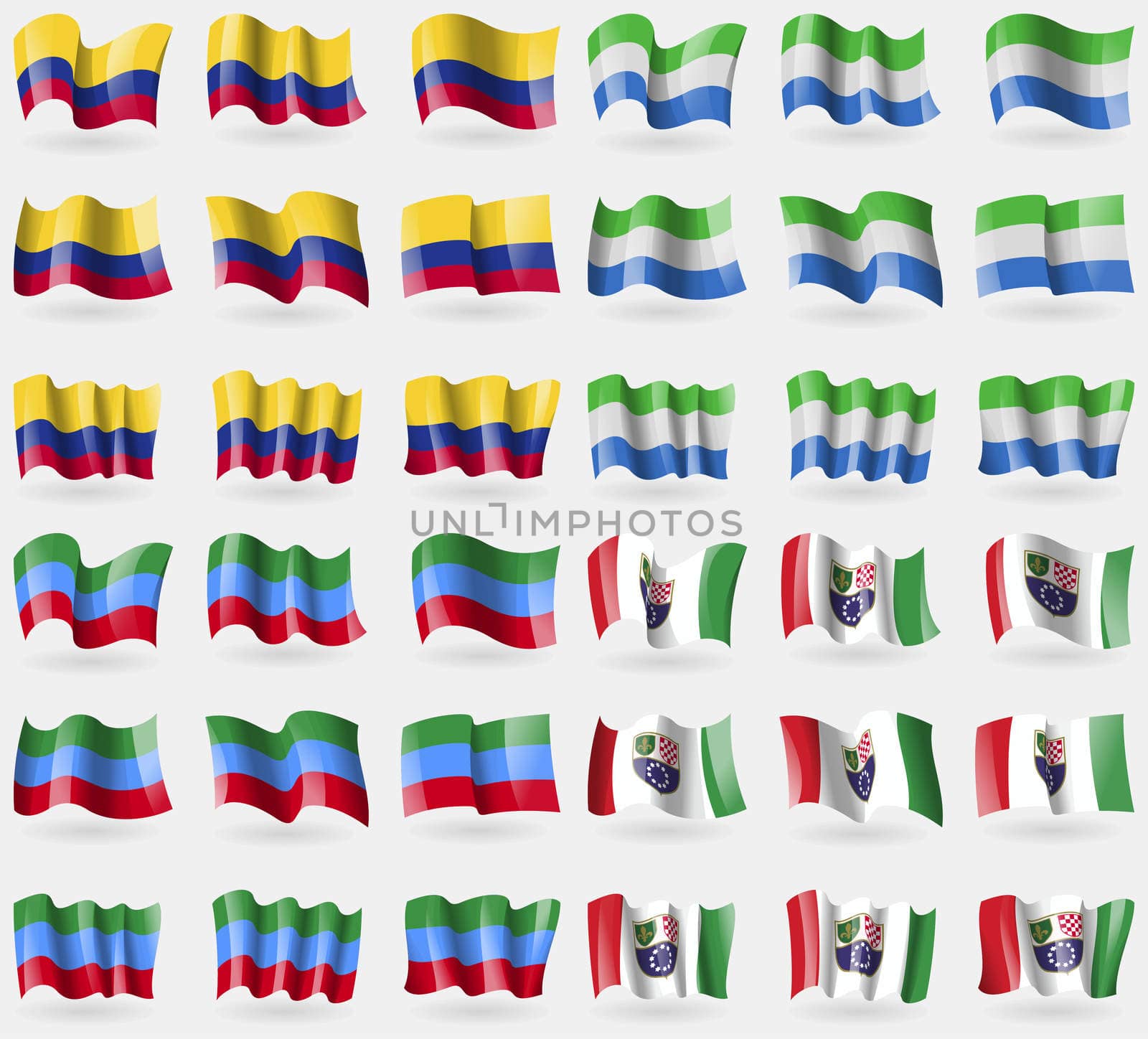 Colombia, Sierra Leonne, Dagestan, Bosnia and Herzegovina Federation. Set of 36 flags of the countries of the world.  by serhii_lohvyniuk