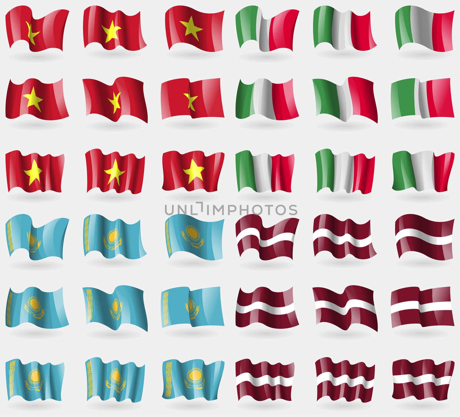 Vietnam, Italy, Kazakhstan, Latvia. Set of 36 flags of the countries of the world.  by serhii_lohvyniuk