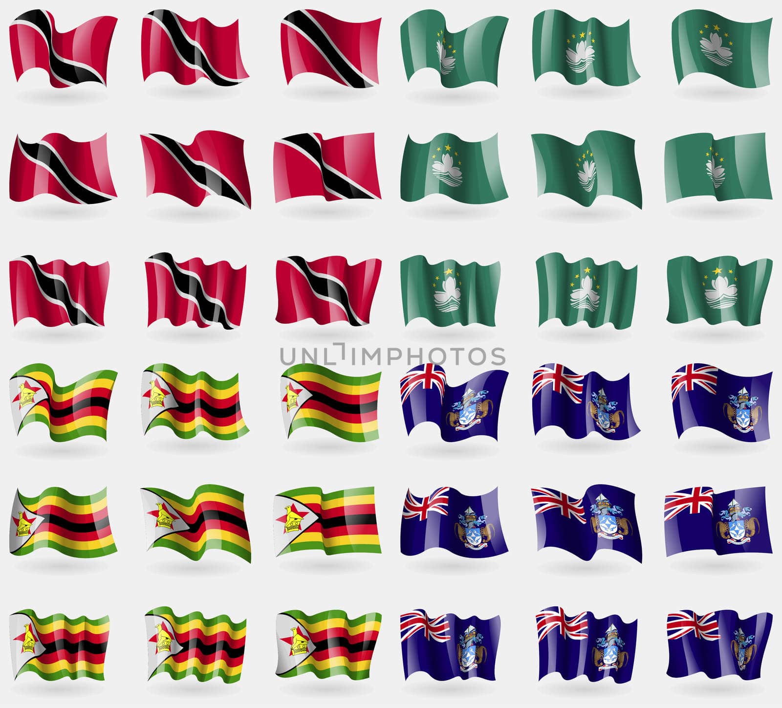 Trinidad and Tobago, Macau, Zimbabwe, Tristan da Cunha. Set of 36 flags of the countries of the world. illustration