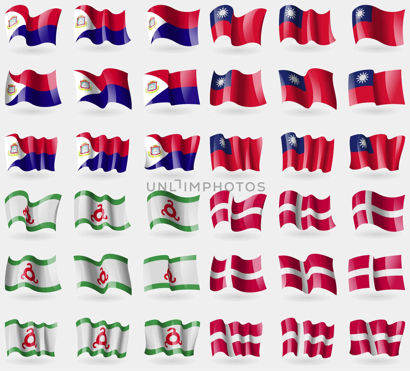 Saint Martin, Taiwan, Ingushetia, Denmark. Set of 36 flags of the countries of the world.  by serhii_lohvyniuk