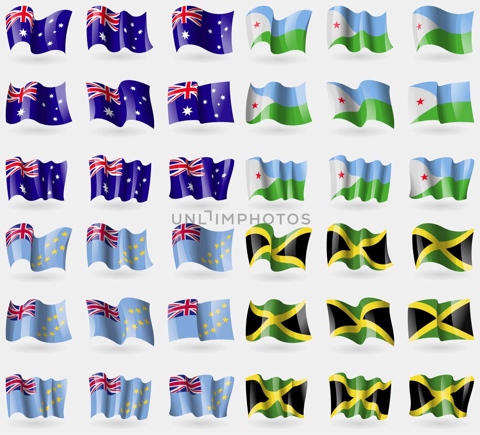 Australia, Djibouti, Tuvalu, Jamaica. Set of 36 flags of the countries of the world.  by serhii_lohvyniuk