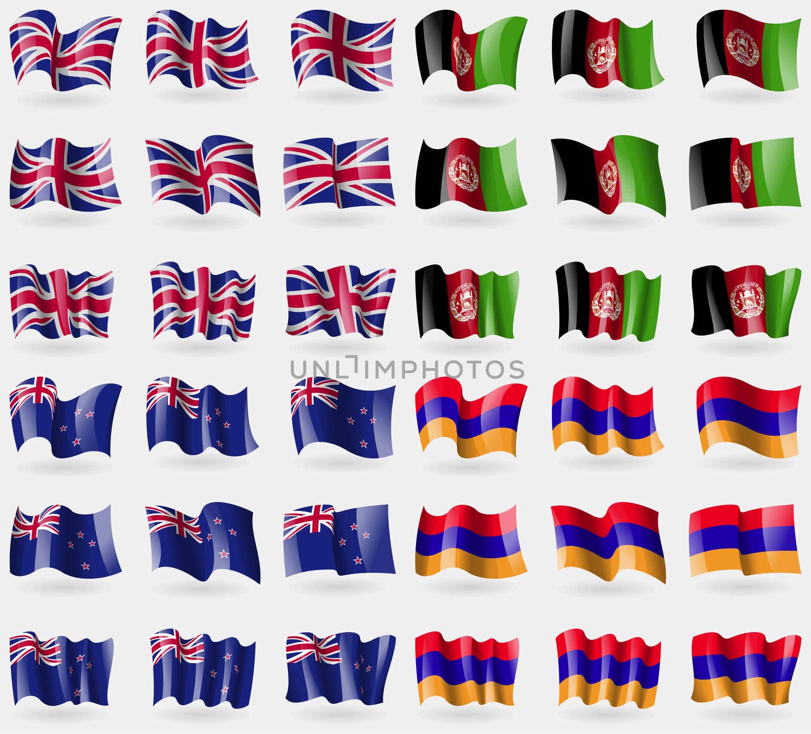 United Kingdom, Afghanistan, New Zeland, Armenia. Set of 36 flags of the countries of the world.  by serhii_lohvyniuk