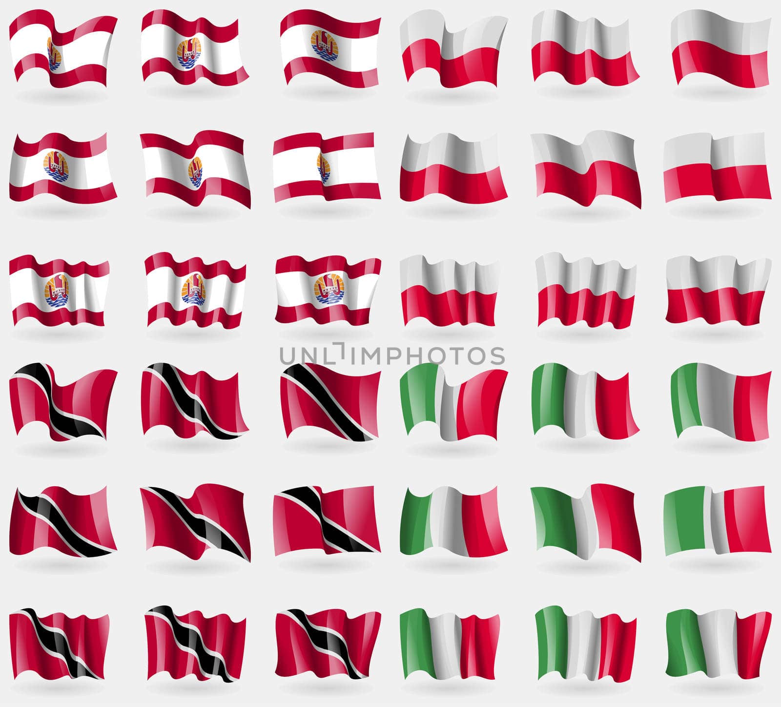 French Polynesia, Poland, Trinidad and Tobago, Italy. Set of 36 flags of the countries of the world.  by serhii_lohvyniuk