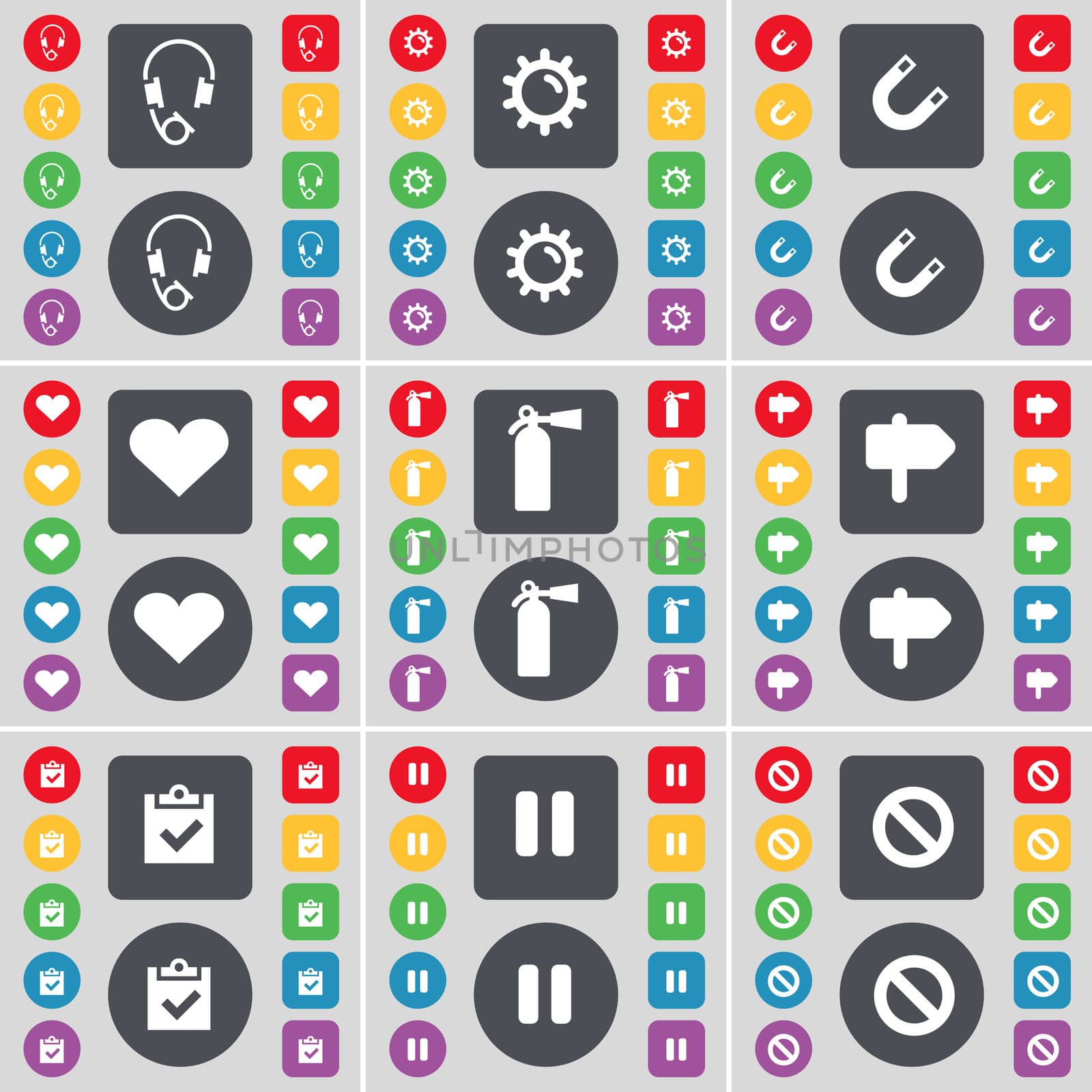 Headphones, Gear, Magnet, Heart, Fire extinguisher, Signpost, Survey, Pause, Stop icon symbol. A large set of flat, colored buttons for your design. illustration