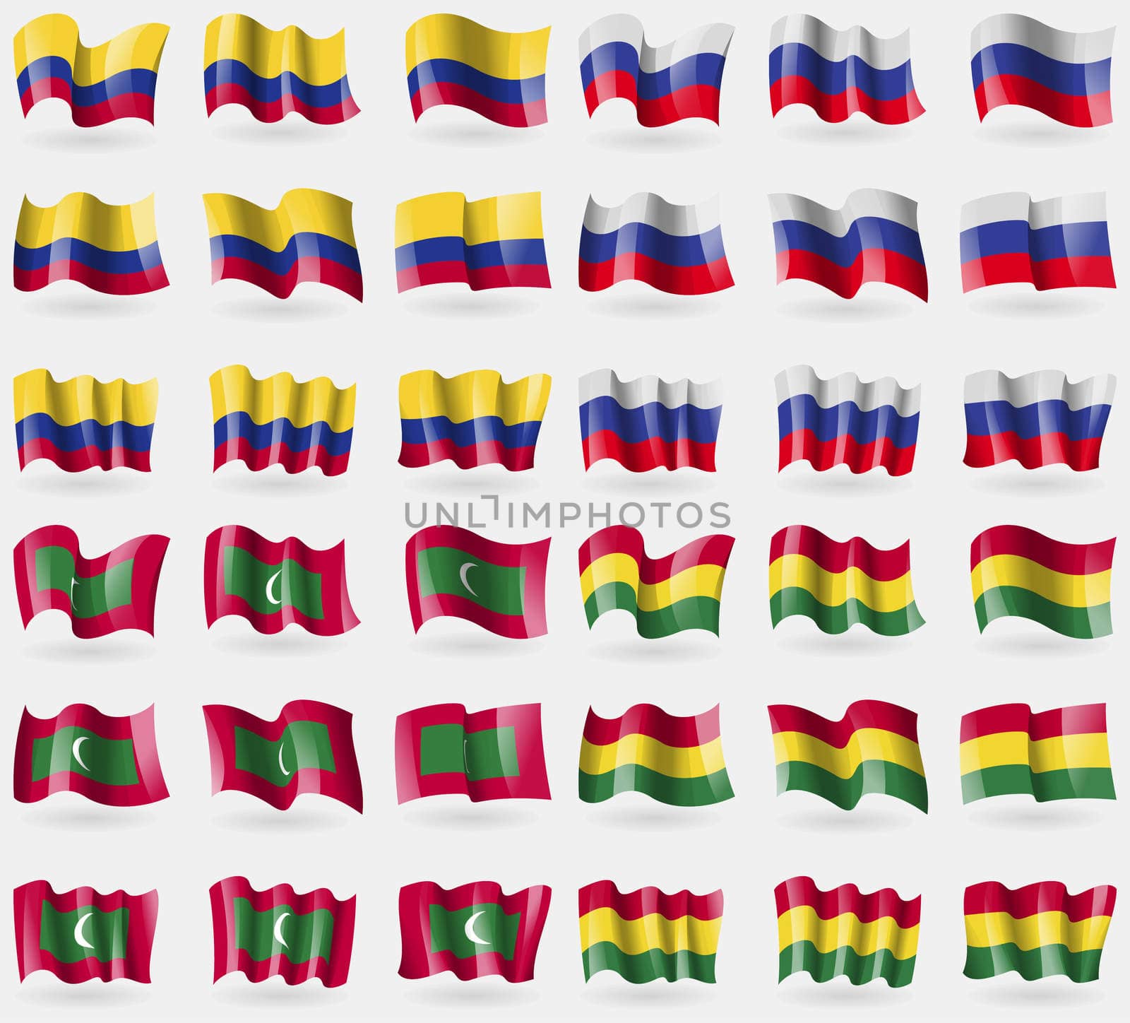 Colombia, Russia, Maldives, Bolivia. Set of 36 flags of the countries of the world. illustration