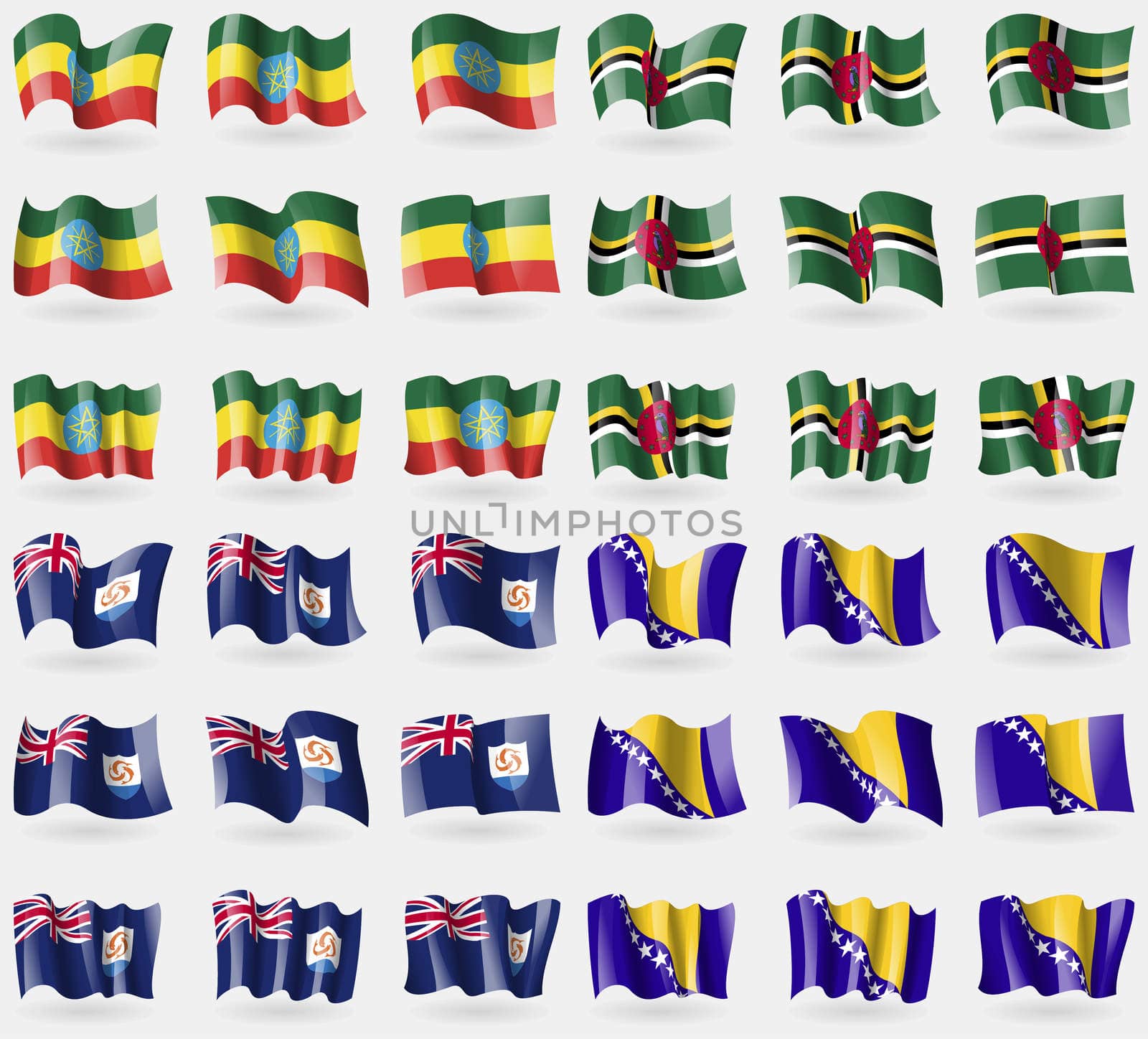 Ethiopia, Dominica, Anguilla, Bosnia and Herzegovina. Set of 36 flags of the countries of the world. illustration