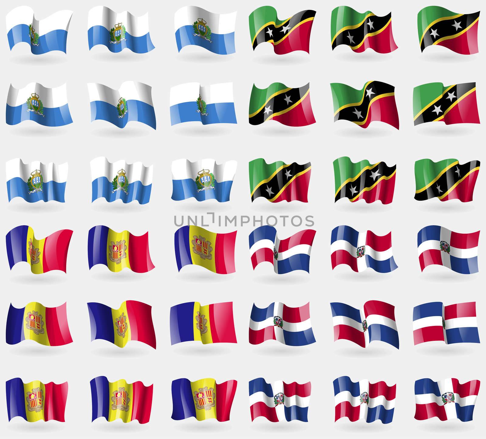 san Marino, Saint Kitts and Nevis, Andorra, Dominican Republic. Set of 36 flags of the countries of the world. illustration