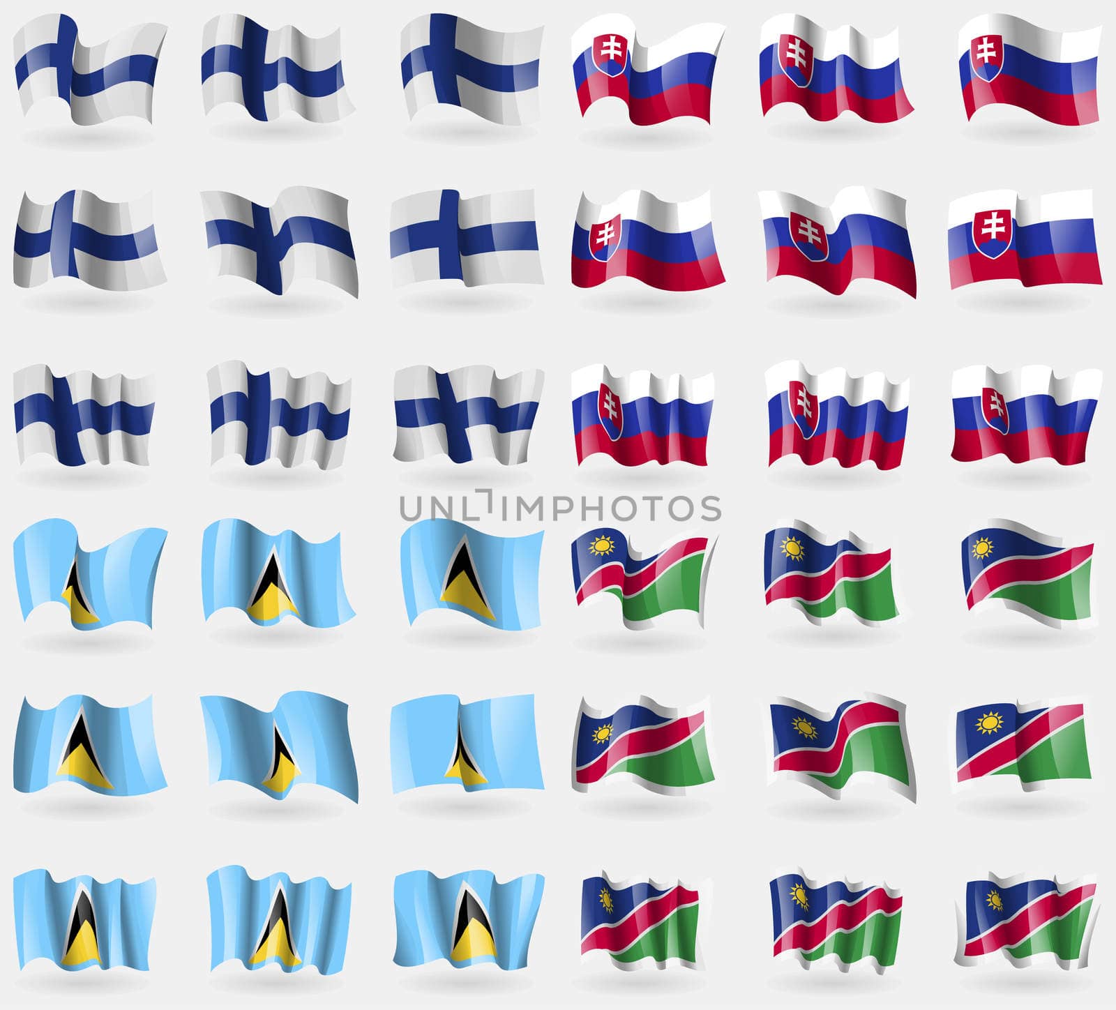 Finland, Saint Lucia, Namibia. Set of 36 flags of the countries of the world. illustration