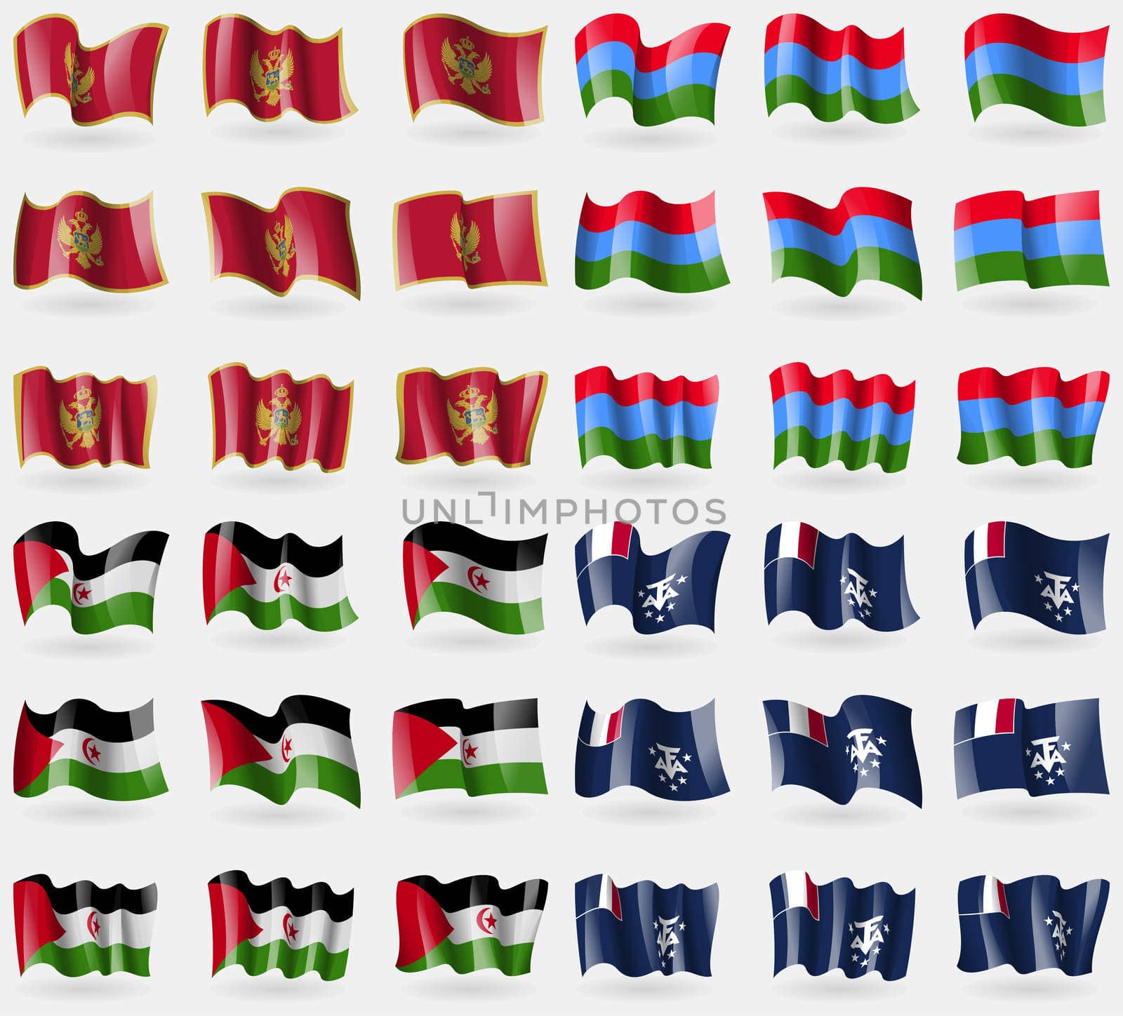 Montenegro, Karelia, Western Sahara, French and Antarctic. Set of 36 flags of the countries of the world. illustration