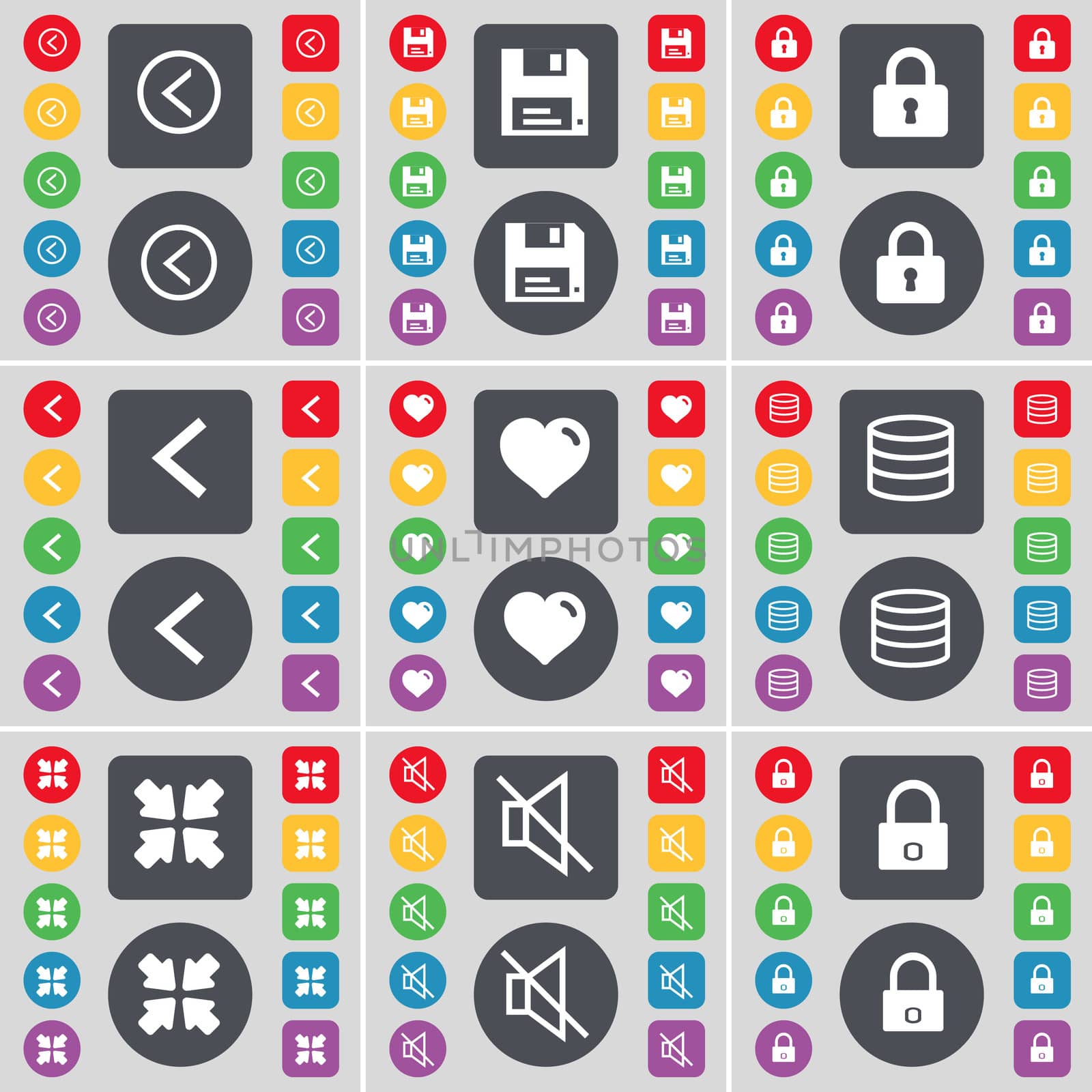 Arrow left, Floppy, Lock, Arrow left, Heart, Database, Deploying screen, Mute, Lock icon symbol. A large set of flat, colored buttons for your design. illustration