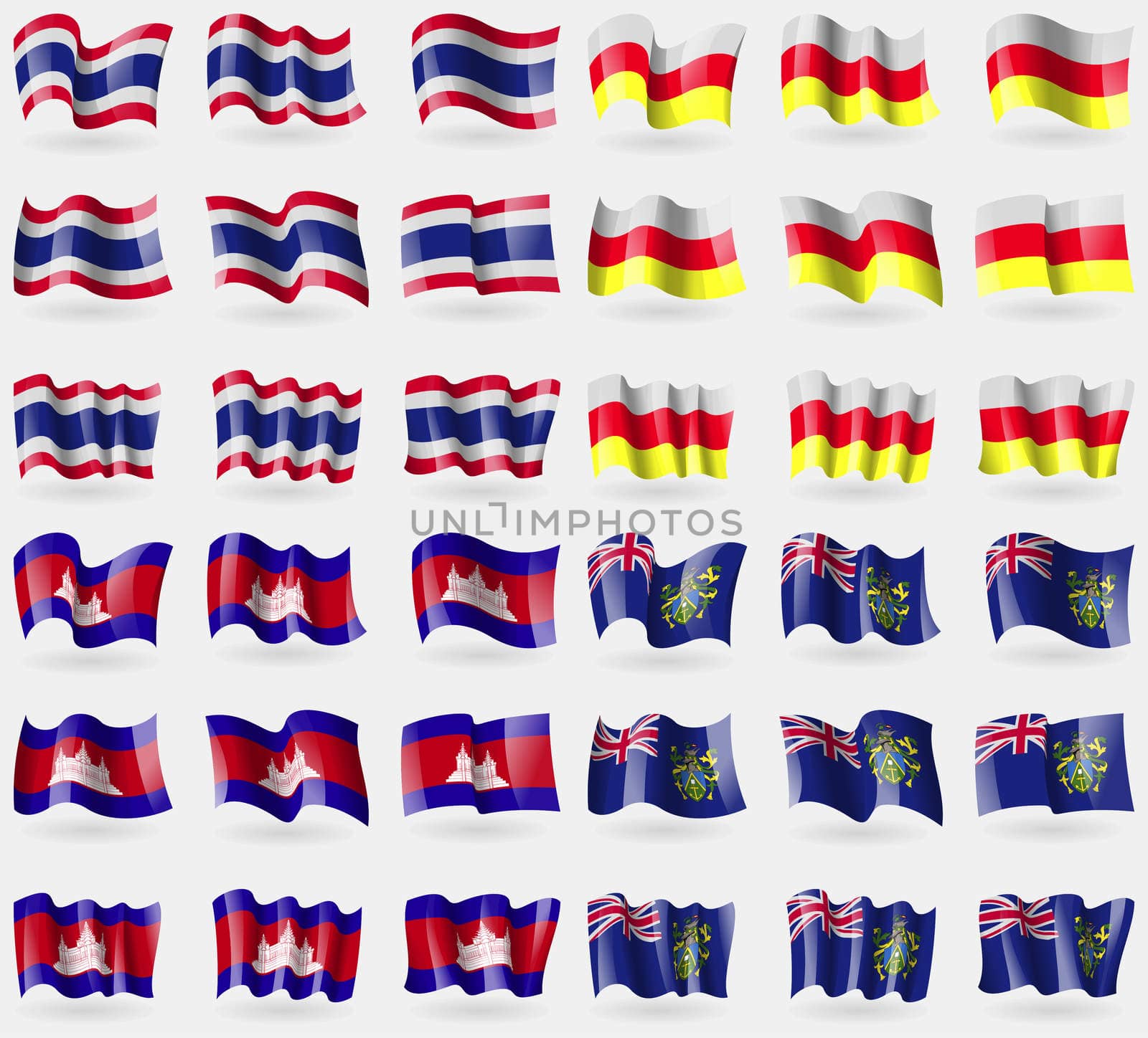 Thailand, North Ossetia, Cambodia, Pitcairn Islands. Set of 36 flags of the countries of the world. illustration