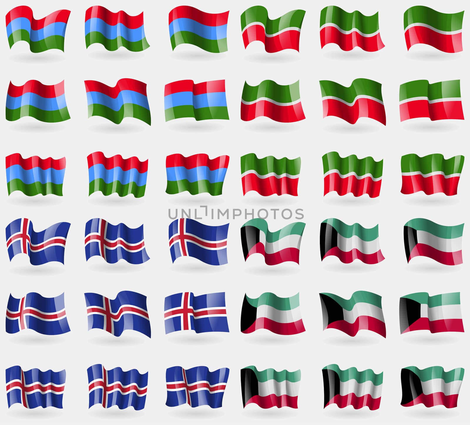 Karelia, Tatarstan, Iceland, Kuwait. Set of 36 flags of the countries of the world. illustration